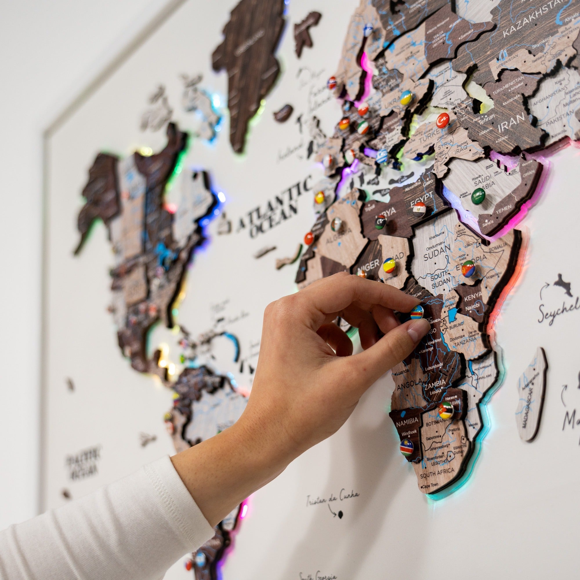 Map on Board LED 2.0 Cappuccino Cork World Map Wall Decor