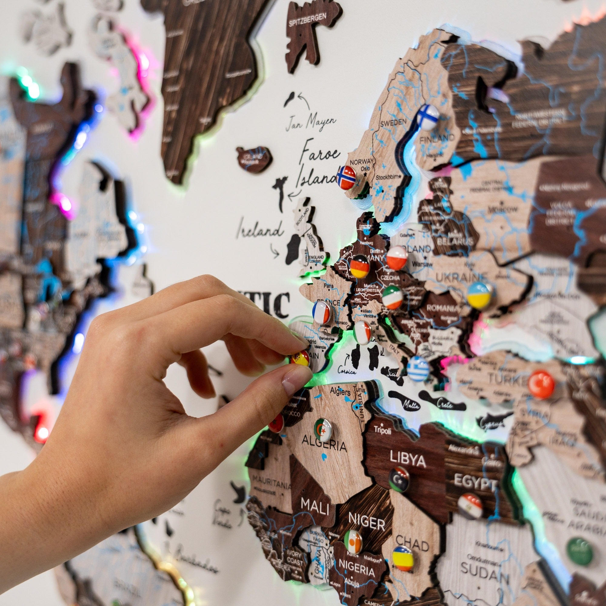 Map on Board LED 2.0 Cappuccino Cork World Map Wall Decor