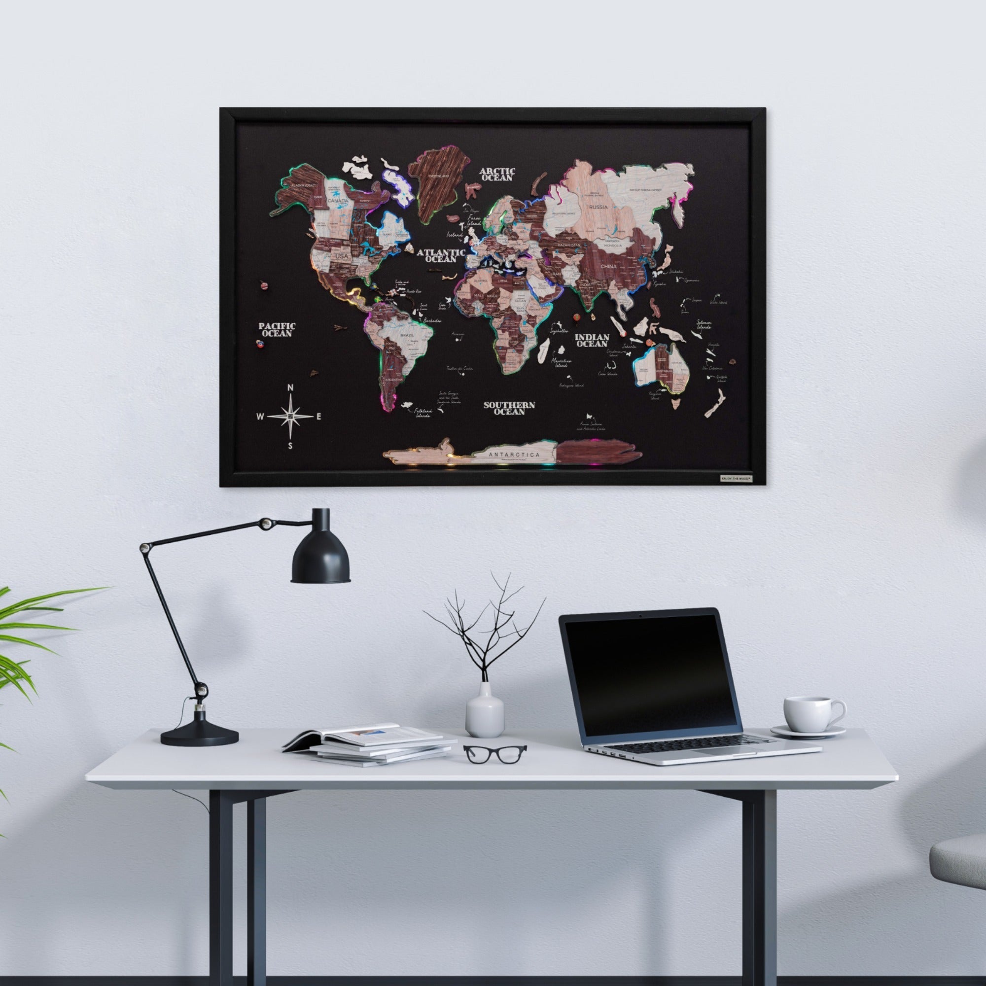 Map on Board LED 2.0 Cappuccino Cork World Map Wall Decor