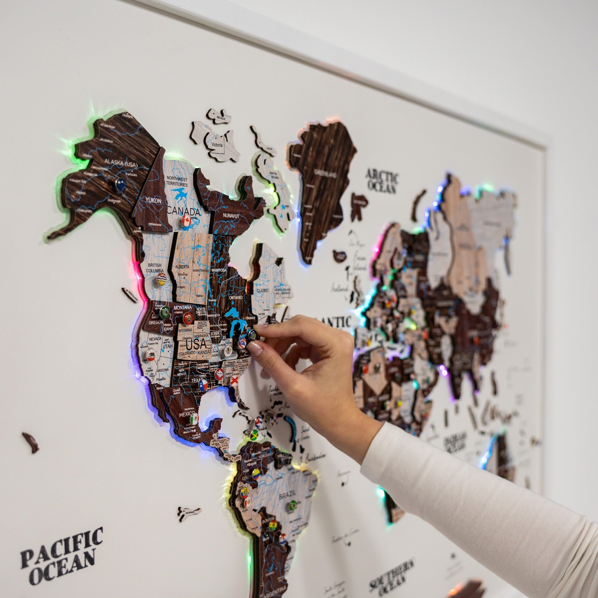 Map on Board LED 2.0 Cappuccino Cork World Map Wall Decor