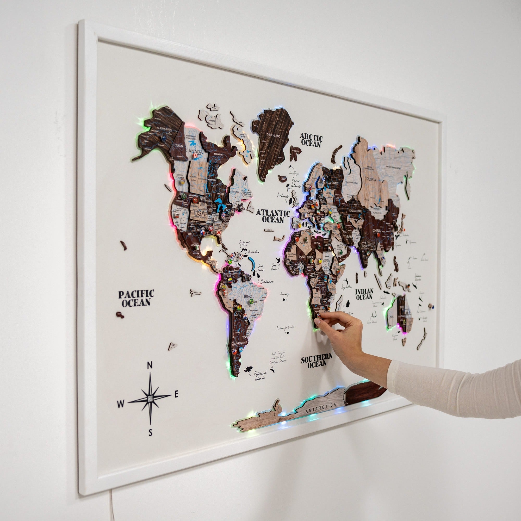 Map on Board LED 2.0 Cappuccino cork world map wall decor with soft ambient LED backlighting