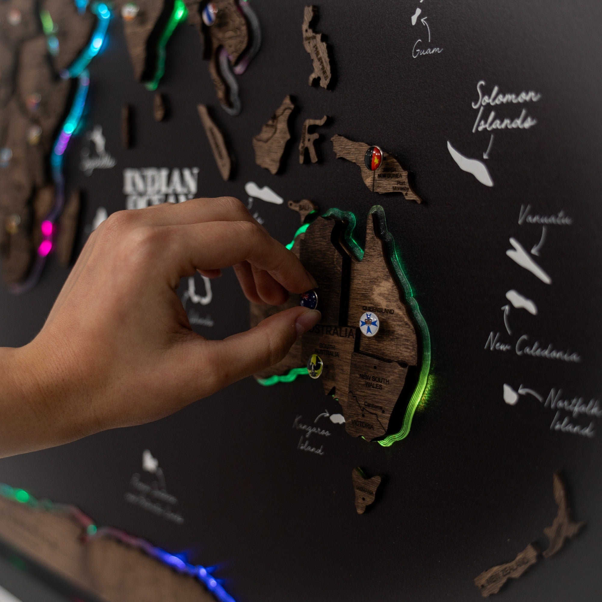 Map on Board LED 2.0 Dark Walnut Large Modern World Wall Map