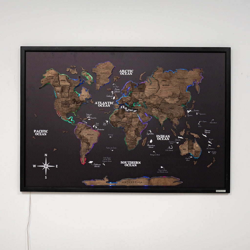 Map on Board LED 2.0 Dark Walnut Large Modern World Wall Map