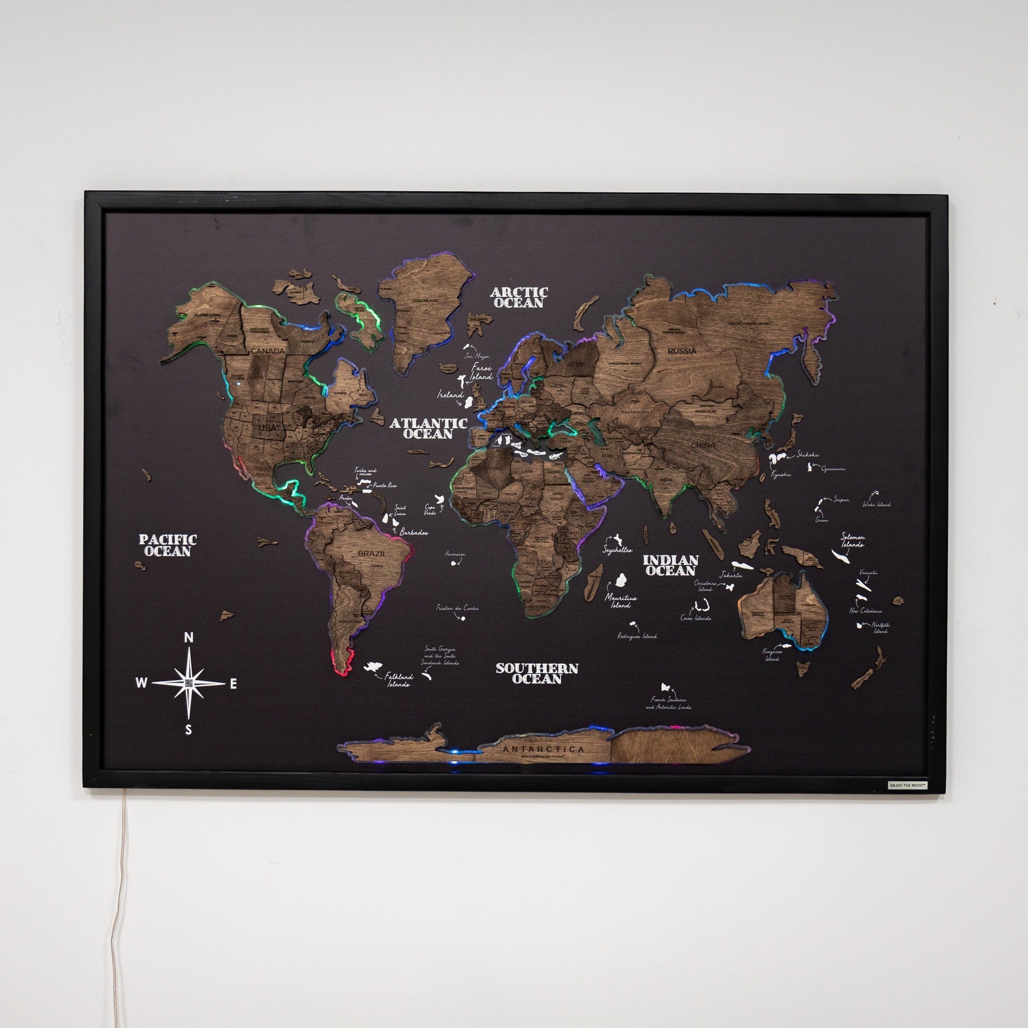 Map on Board LED 2.0 Dark Walnut Large Modern World Wall Map