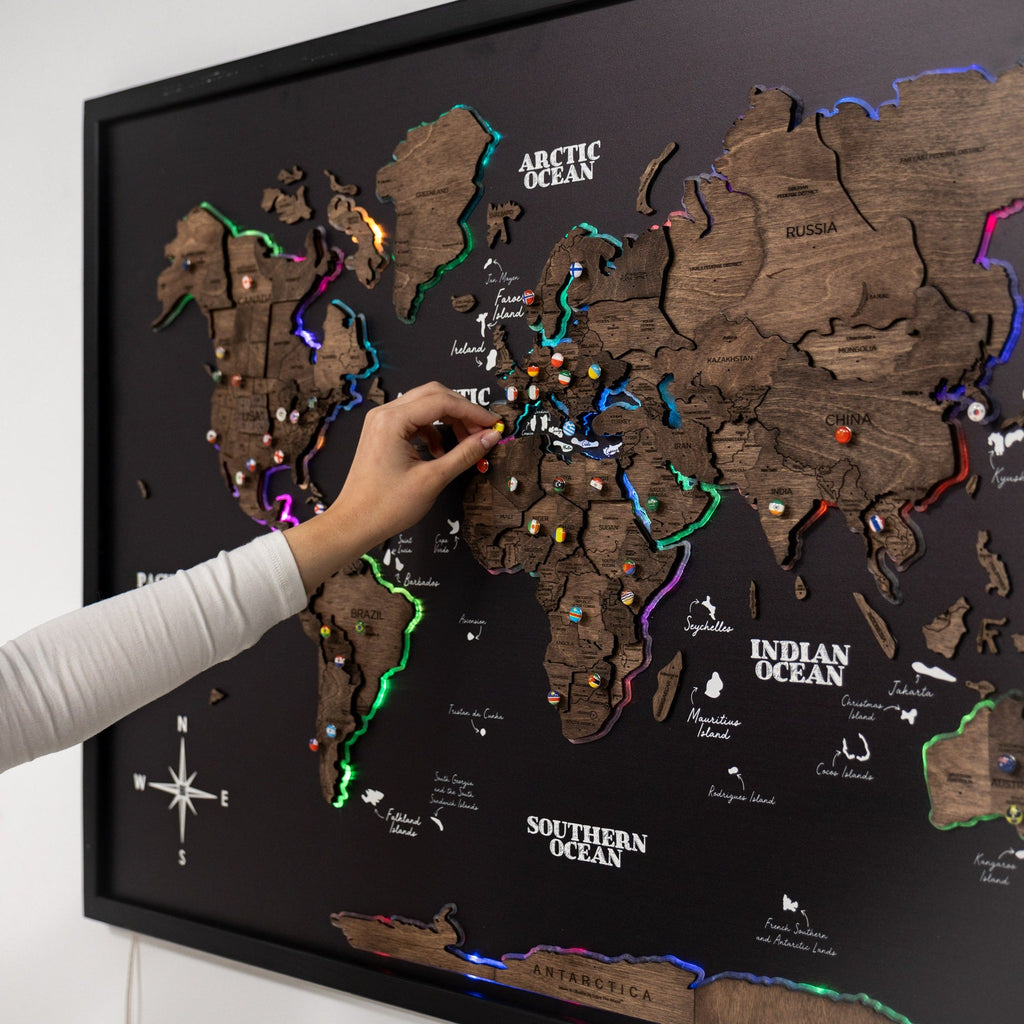 Map on Board LED 2.0 Dark Walnut Large Modern World Wall Map
