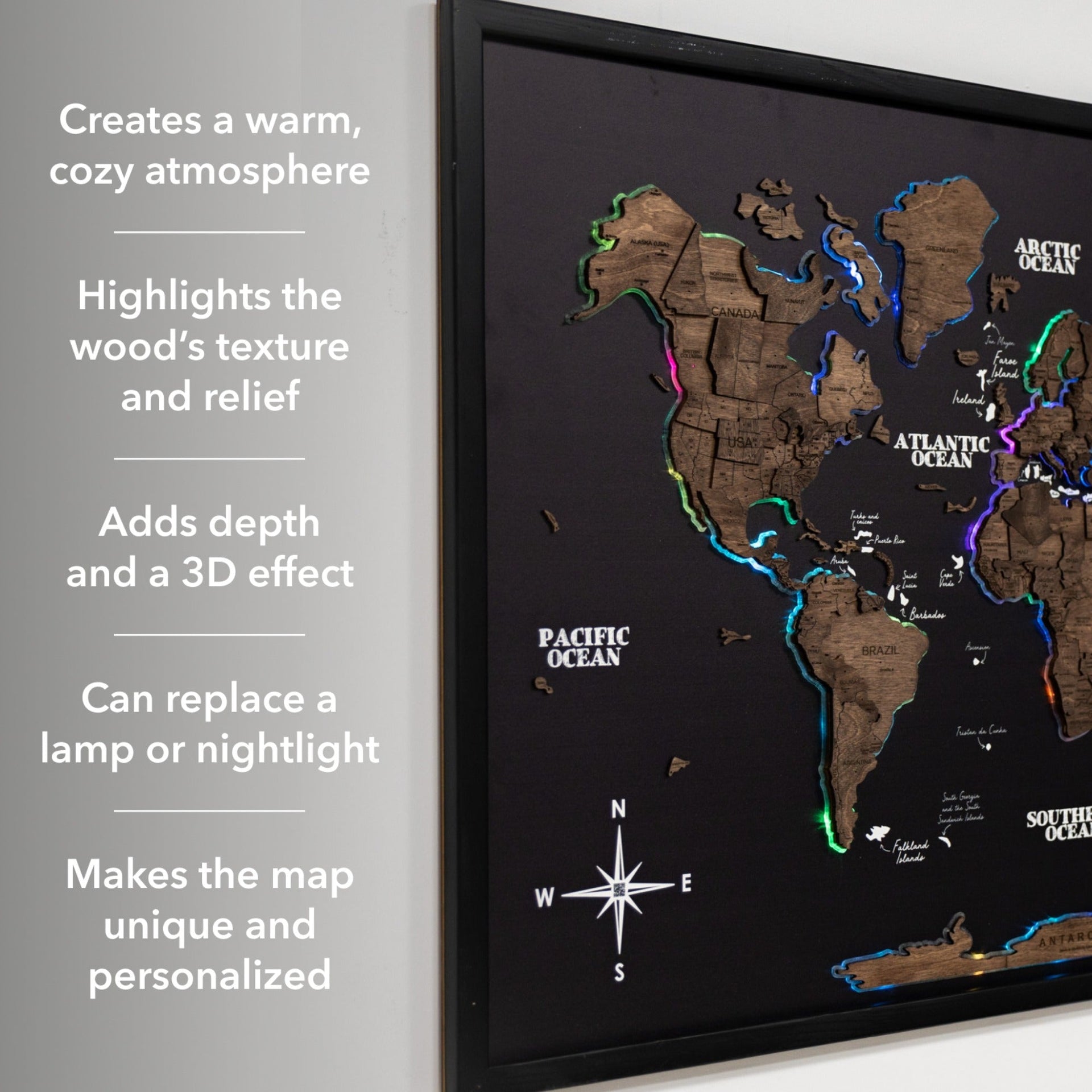 Map on Board LED 2.0 Dark Walnut Large Modern World Wall Map