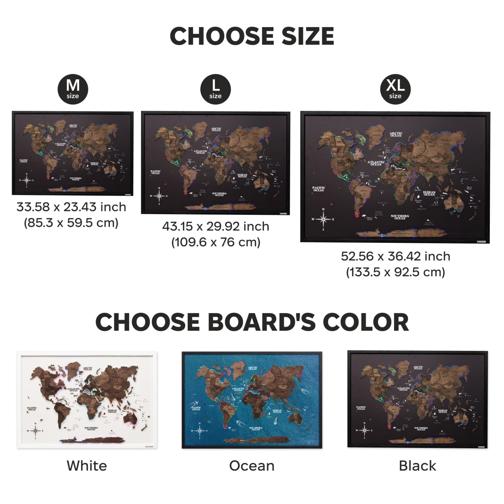 Map on Board LED 2.0 Dark Walnut Large Modern World Wall Map