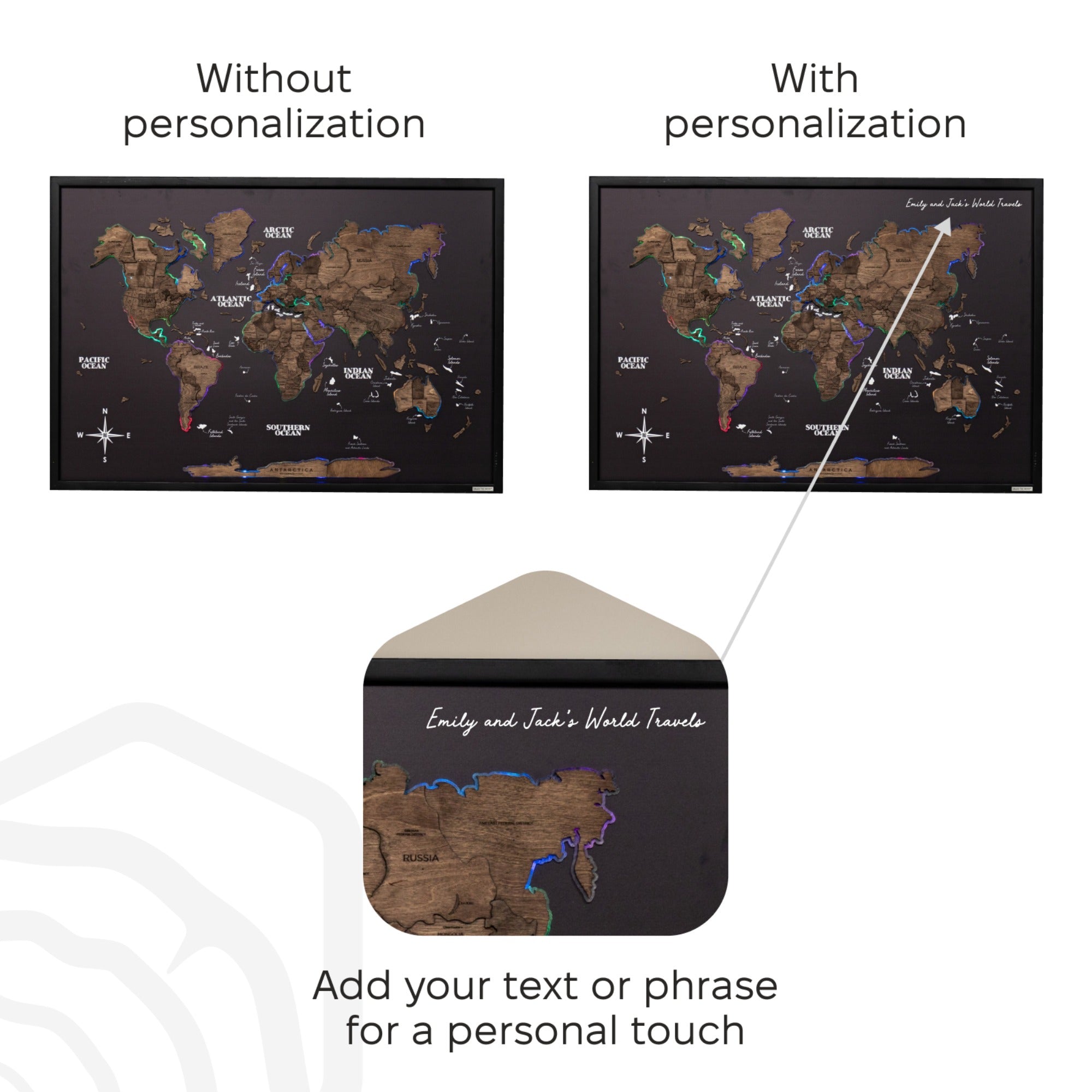 Map on Board LED 2.0 Dark Walnut Large Modern World Wall Map