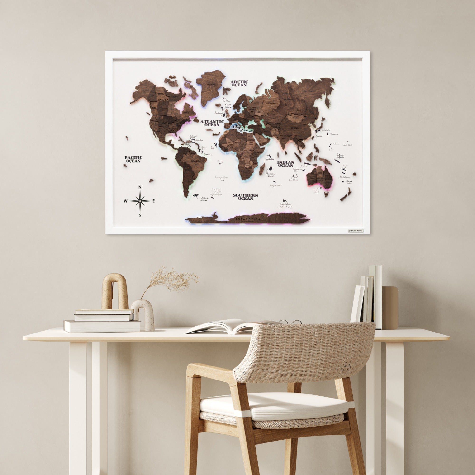 Map on Board LED 2.0 Dark Walnut Large Modern World Wall Map
