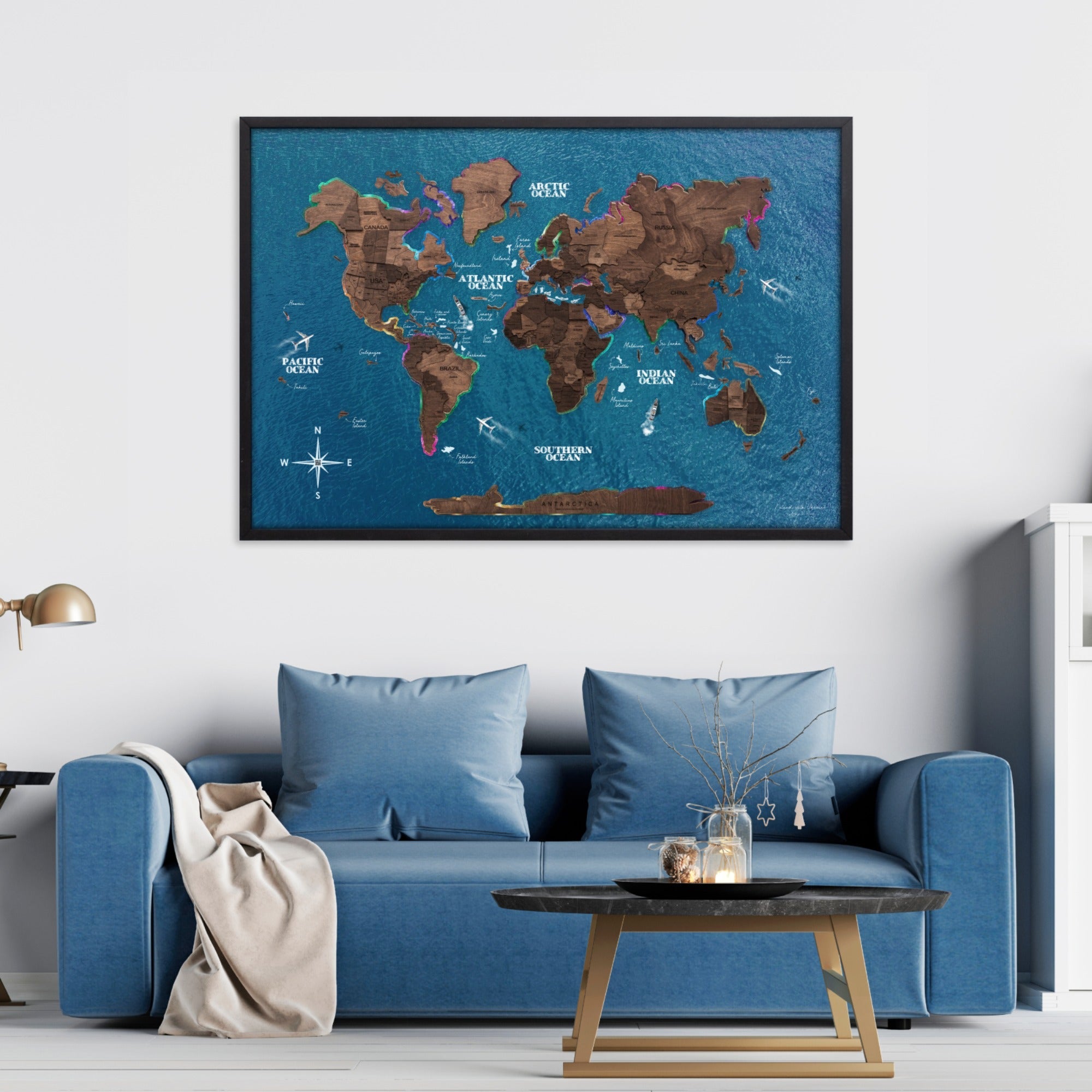 Map on Board LED 2.0 Dark Walnut Large Modern World Wall Map