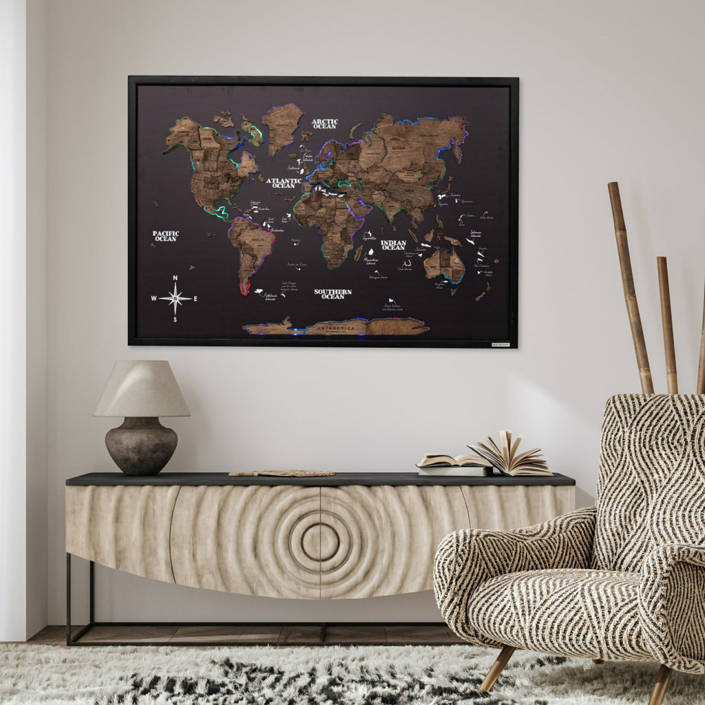 Map on Board LED 2.0 Dark Walnut Large Modern World Wall Map
