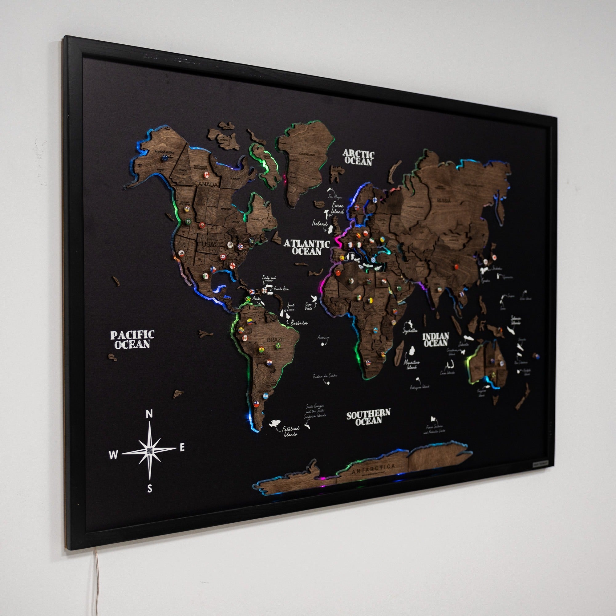 Map on Board LED 2.0 Dark Walnut Large Modern World Wall Map