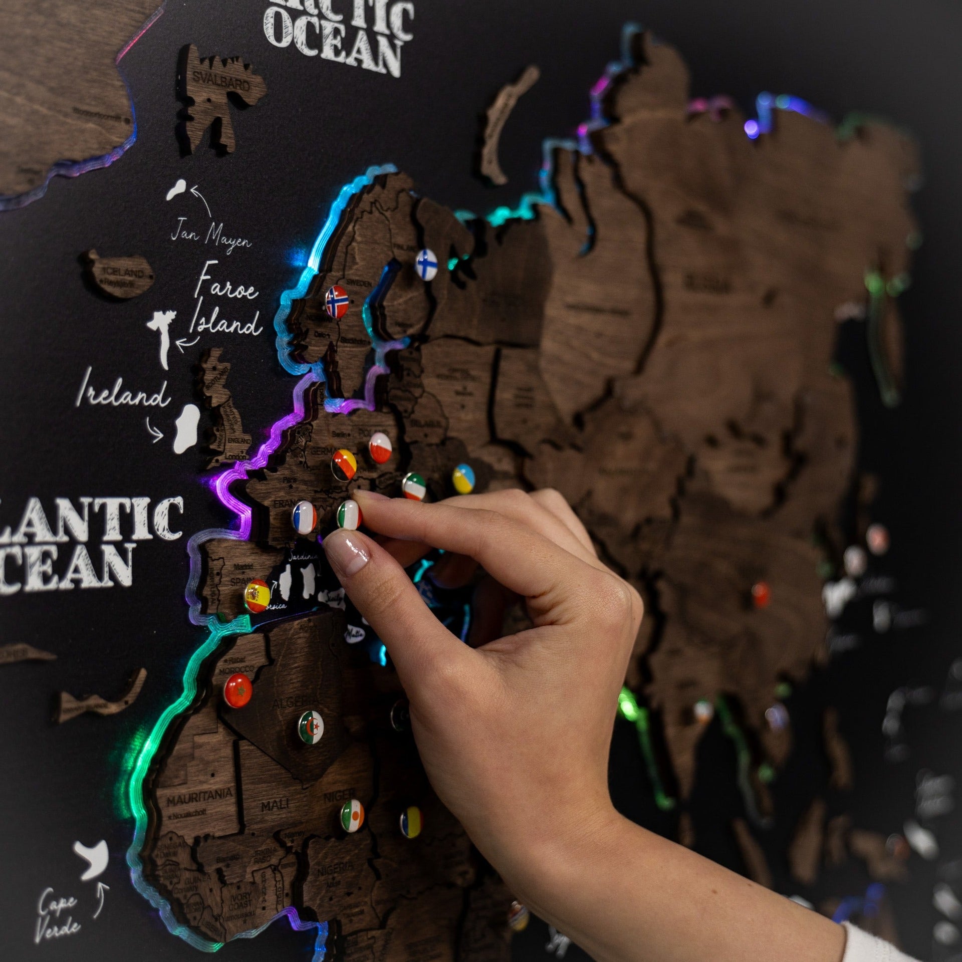 Map on Board LED 2.0 Dark Walnut Large Modern World Wall Map