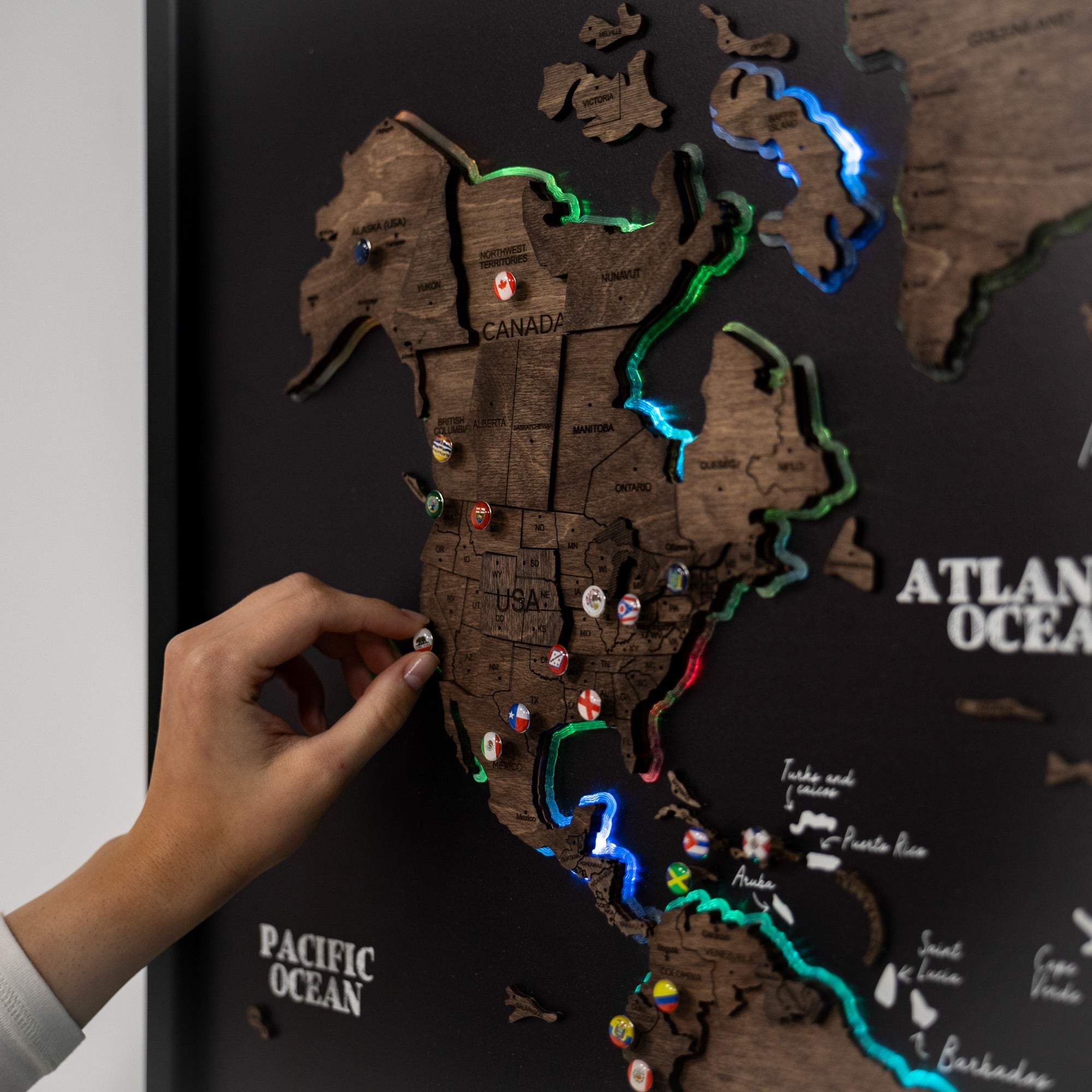 Map on Board LED 2.0 Dark Walnut Large Modern World Wall Map