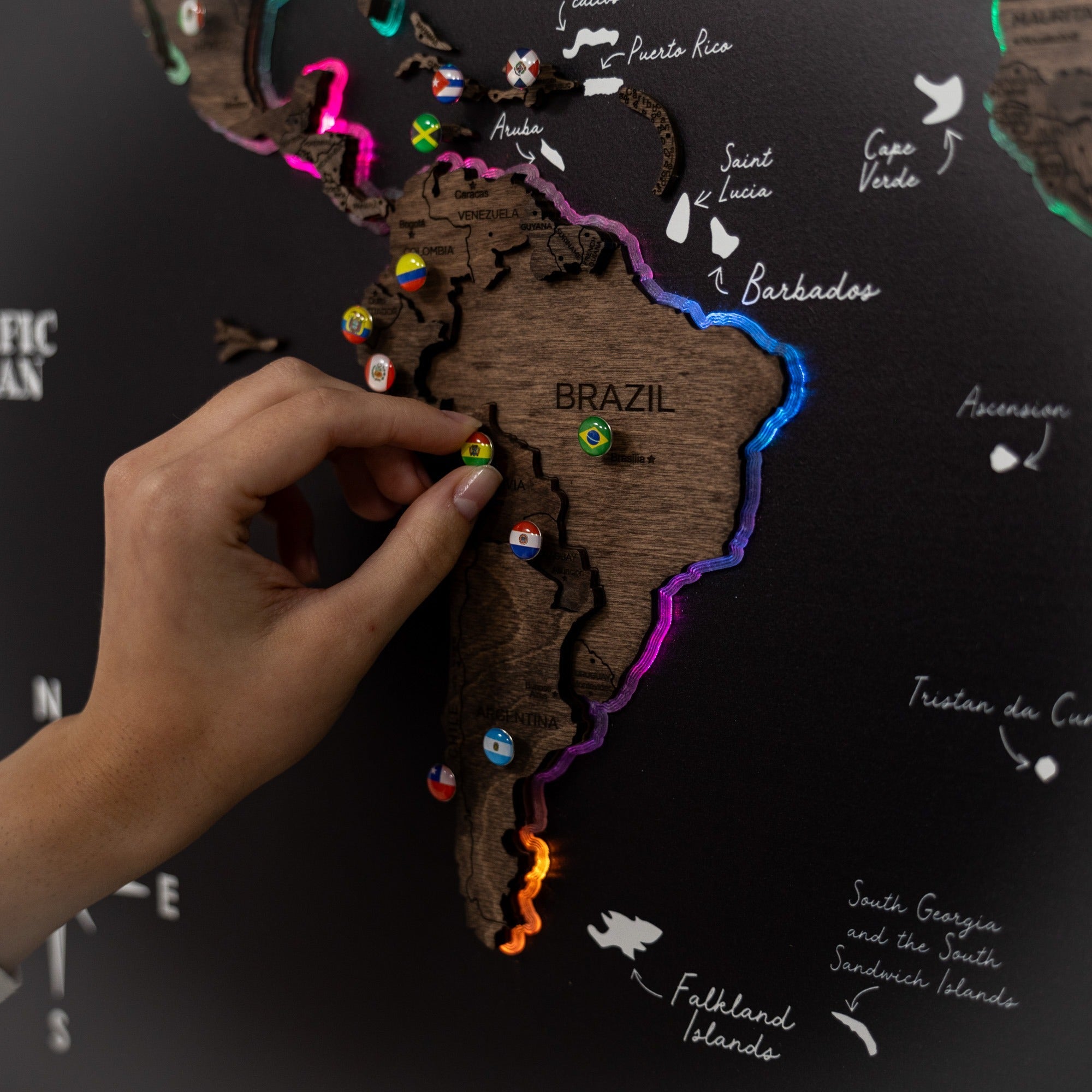 Map on Board LED 2.0 Dark Walnut Large Modern World Wall Map
