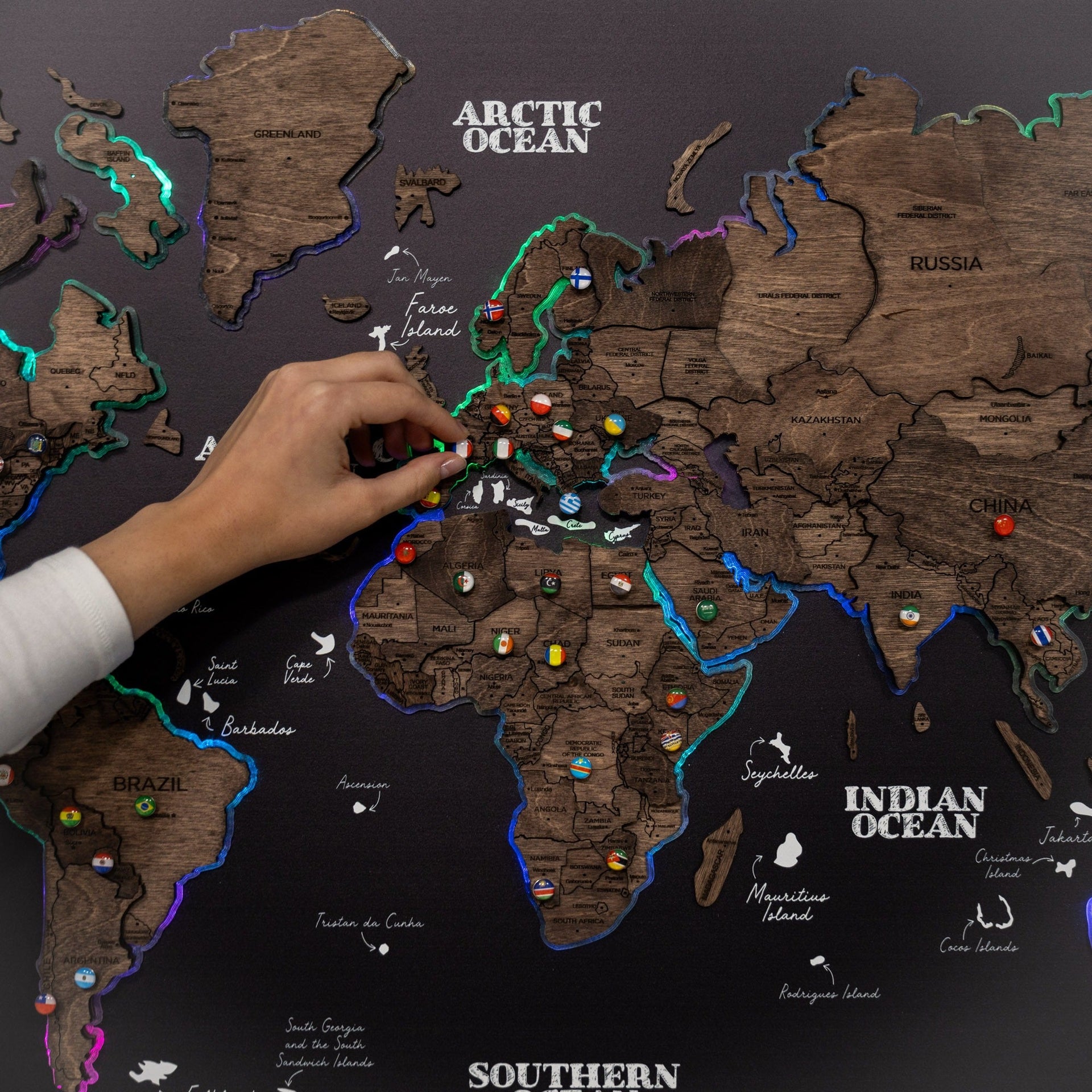 Map on Board LED 2.0 Dark Walnut Large Modern World Wall Map