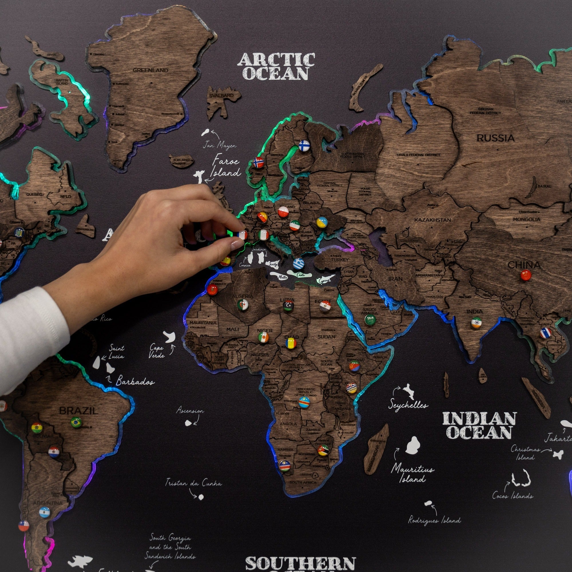 Map on Board LED 2.0 Dark Walnut Large Modern World Wall Map