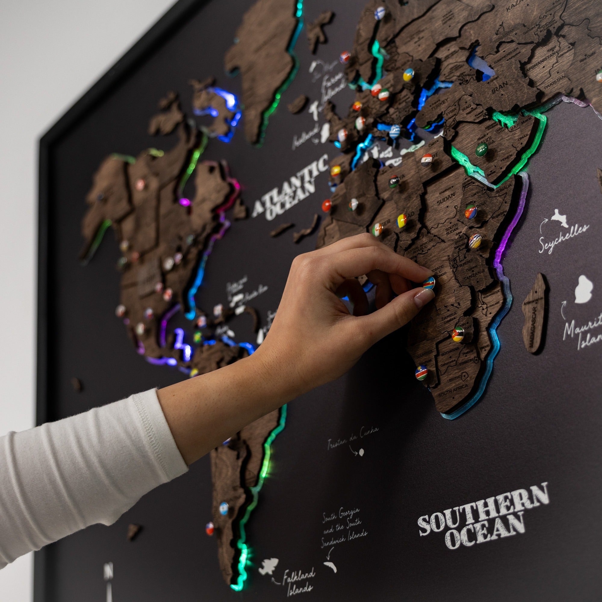 Map on Board LED 2.0 Dark Walnut Large Modern World Wall Map