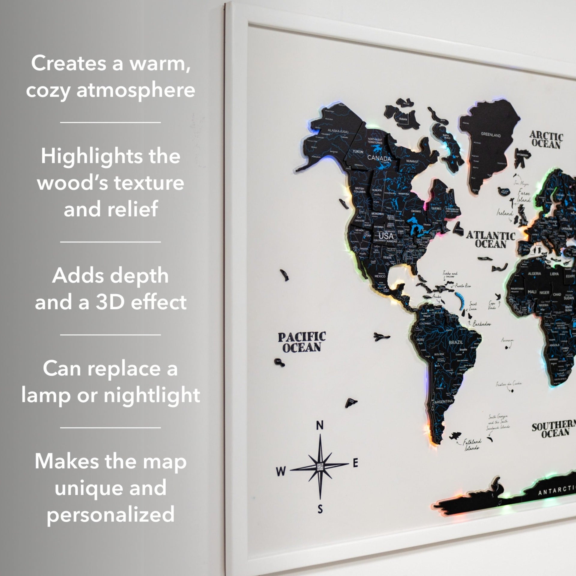 Map on Board LED 2.0 Midnight Modern Illuminated World Map Art