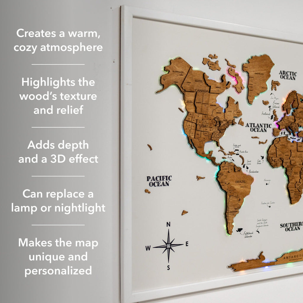 Large Wooden World Map Wall Art with LED Lighting - Oak Finish