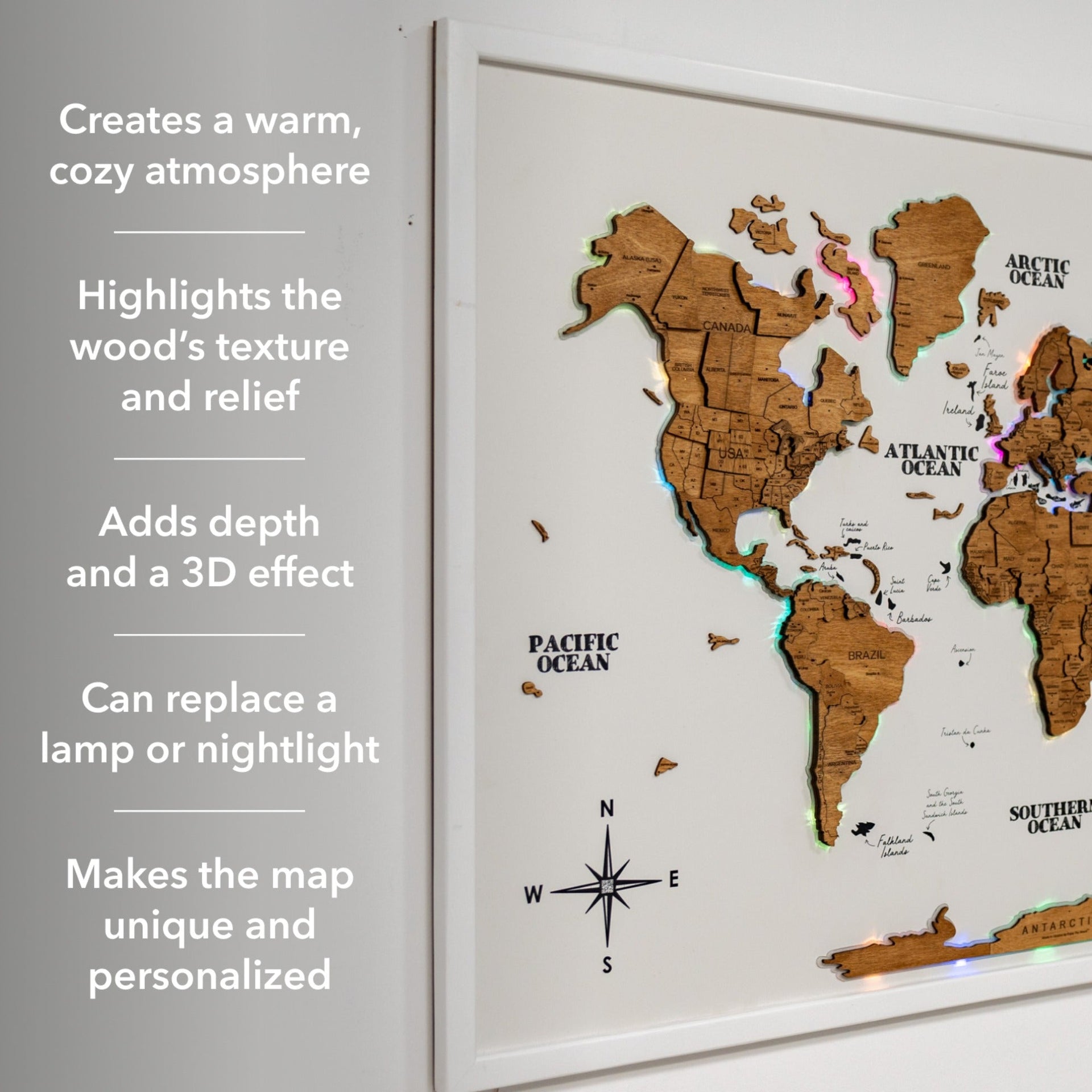 Large Wooden World Map Wall Art with LED Lighting - Oak Finish