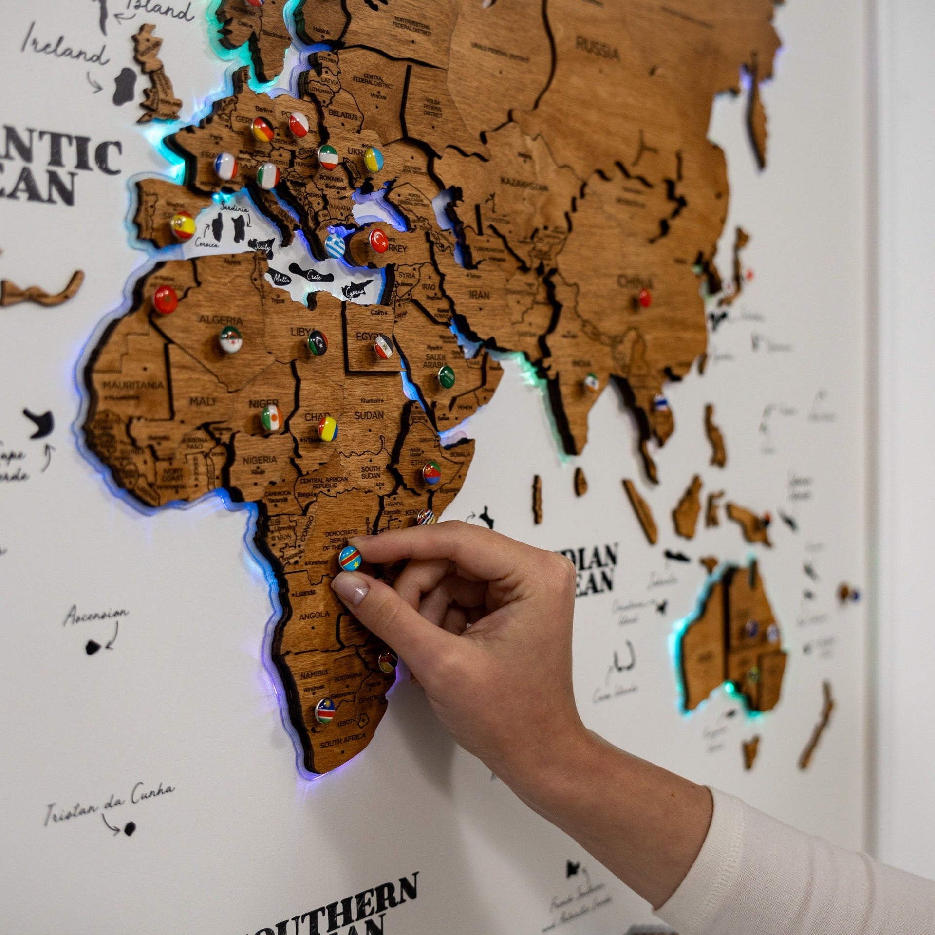 Large Wooden World Map Wall Art with LED Lighting - Oak Finish