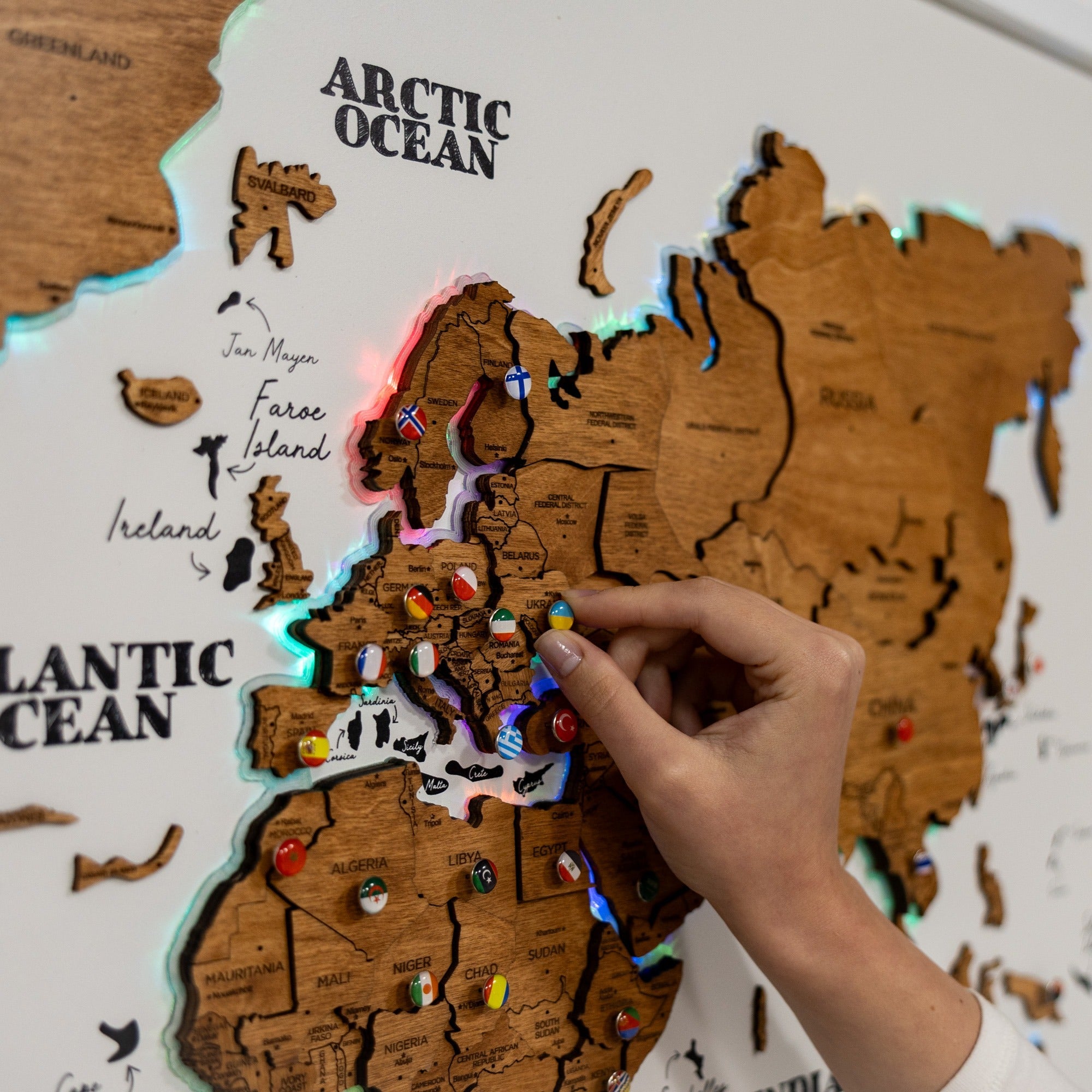 Large Wooden World Map Wall Art with LED Lighting - Oak Finish