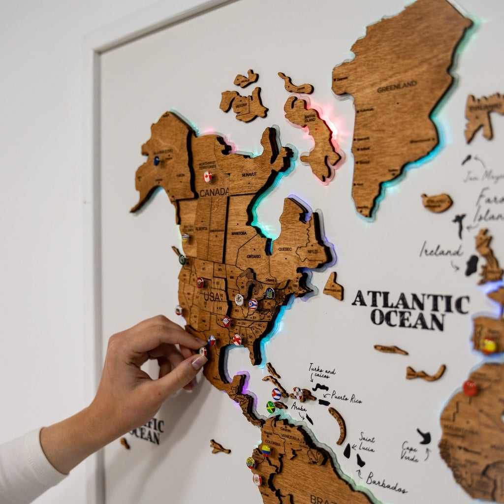 Large Wooden World Map Wall Art with LED Lighting - Oak Finish