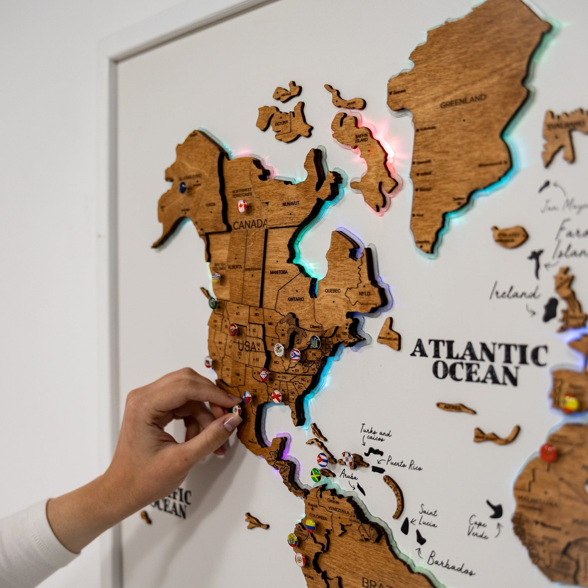 Large Wooden World Map Wall Art with LED Lighting - Oak Finish