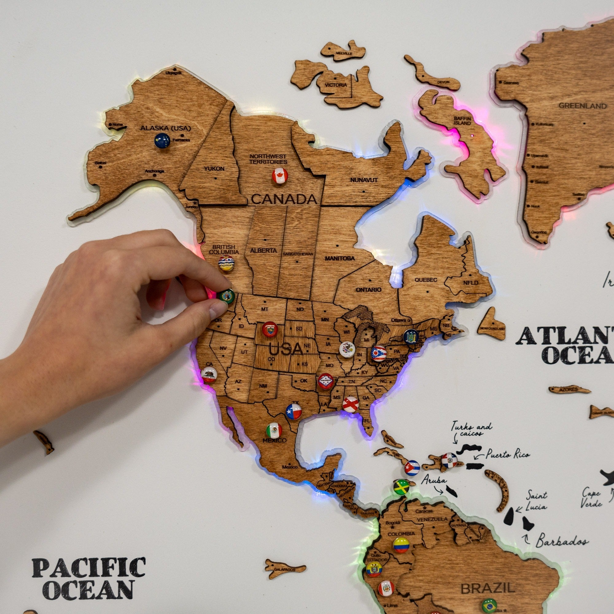 Large Wooden World Map Wall Art with LED Lighting - Oak Finish