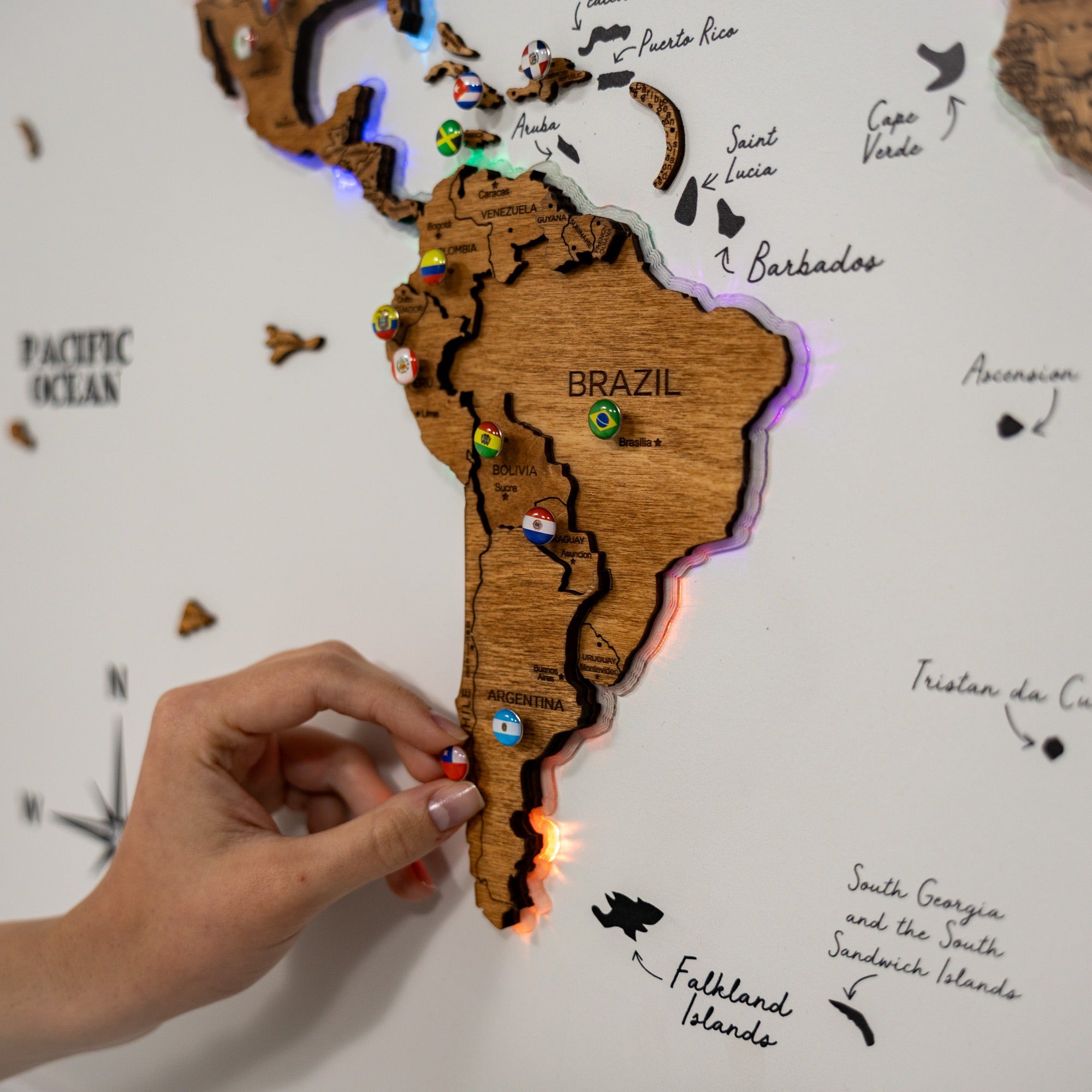 Large Wooden World Map Wall Art with LED Lighting - Oak Finish