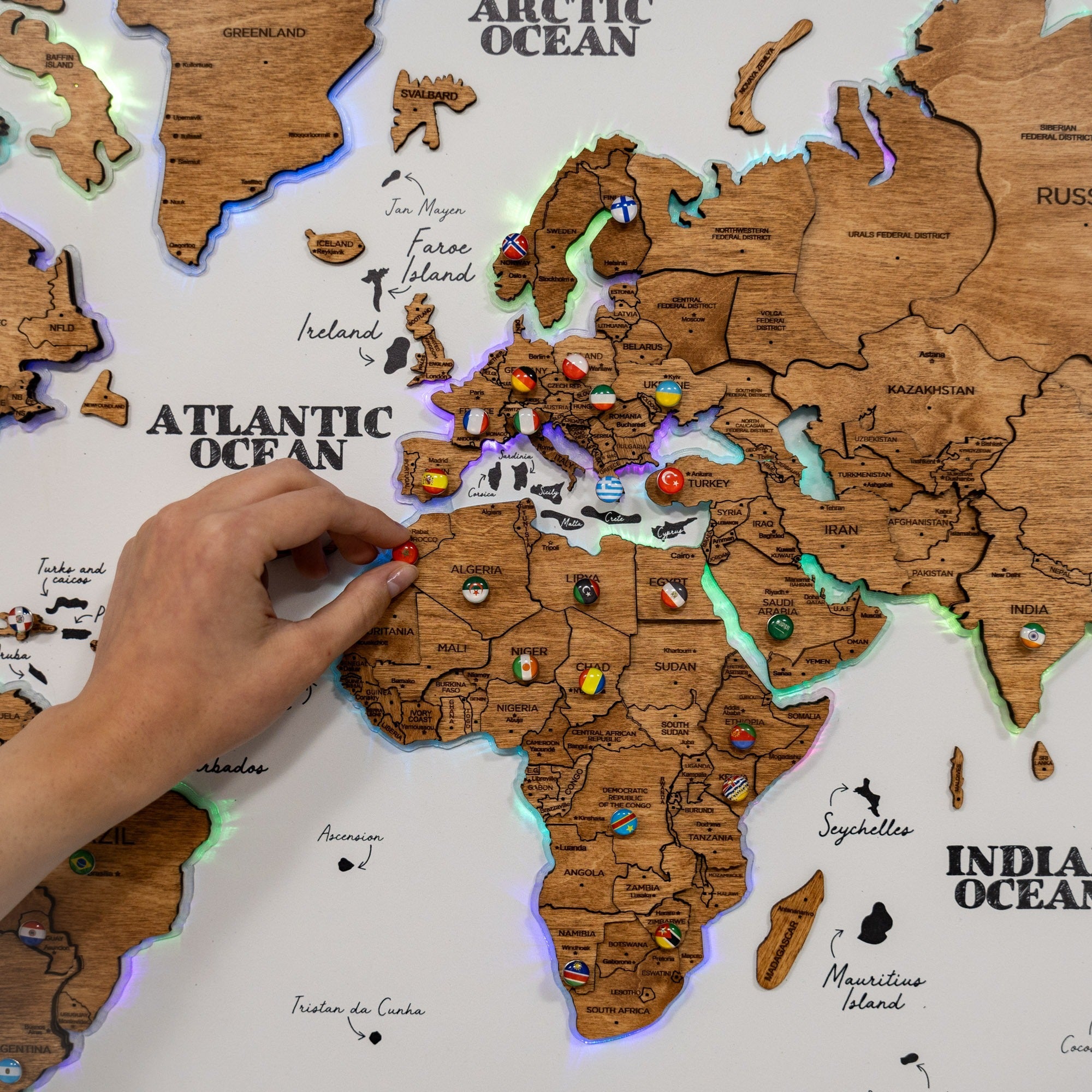Large Wooden World Map Wall Art with LED Lighting - Oak Finish
