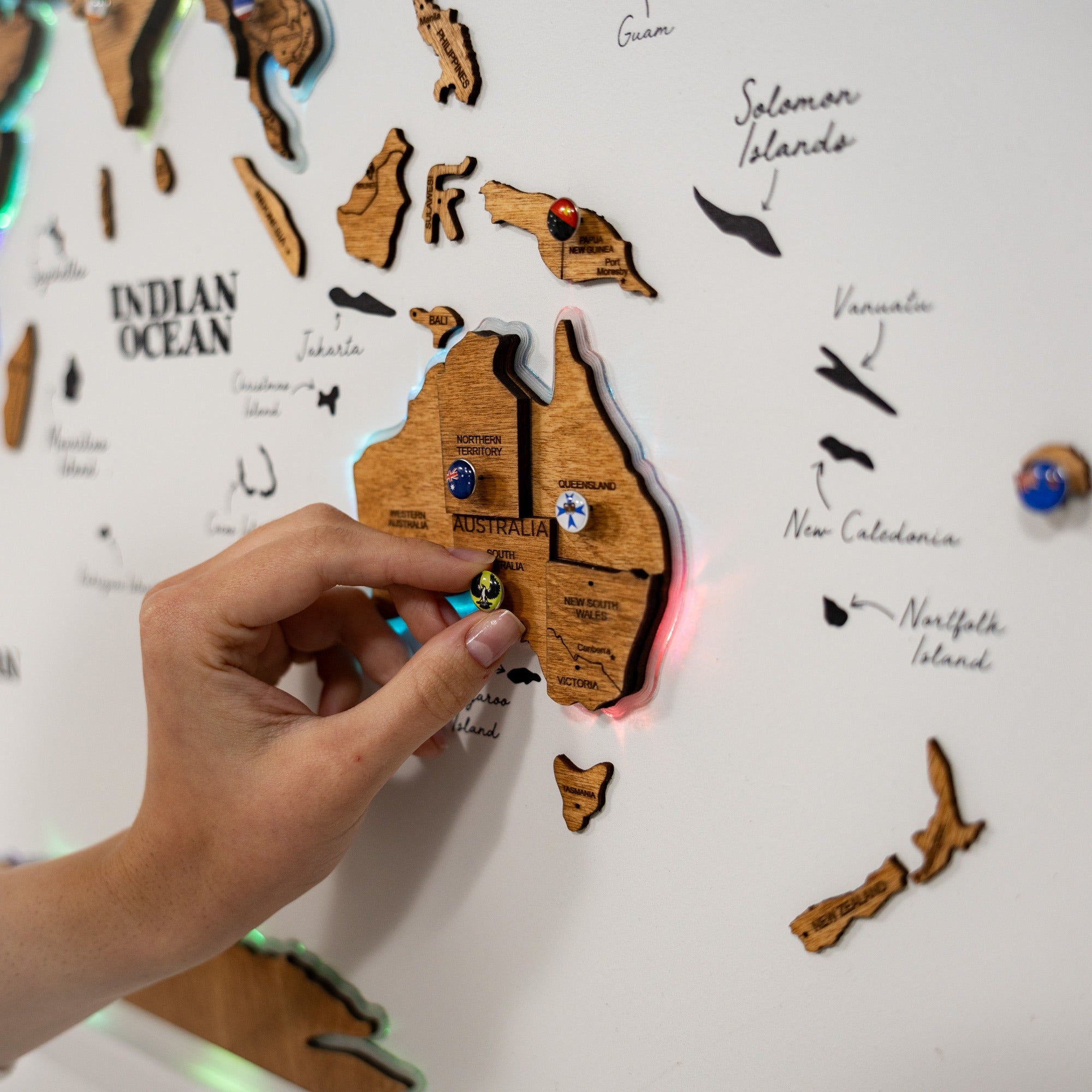 Large Wooden World Map Wall Art with LED Lighting - Oak Finish