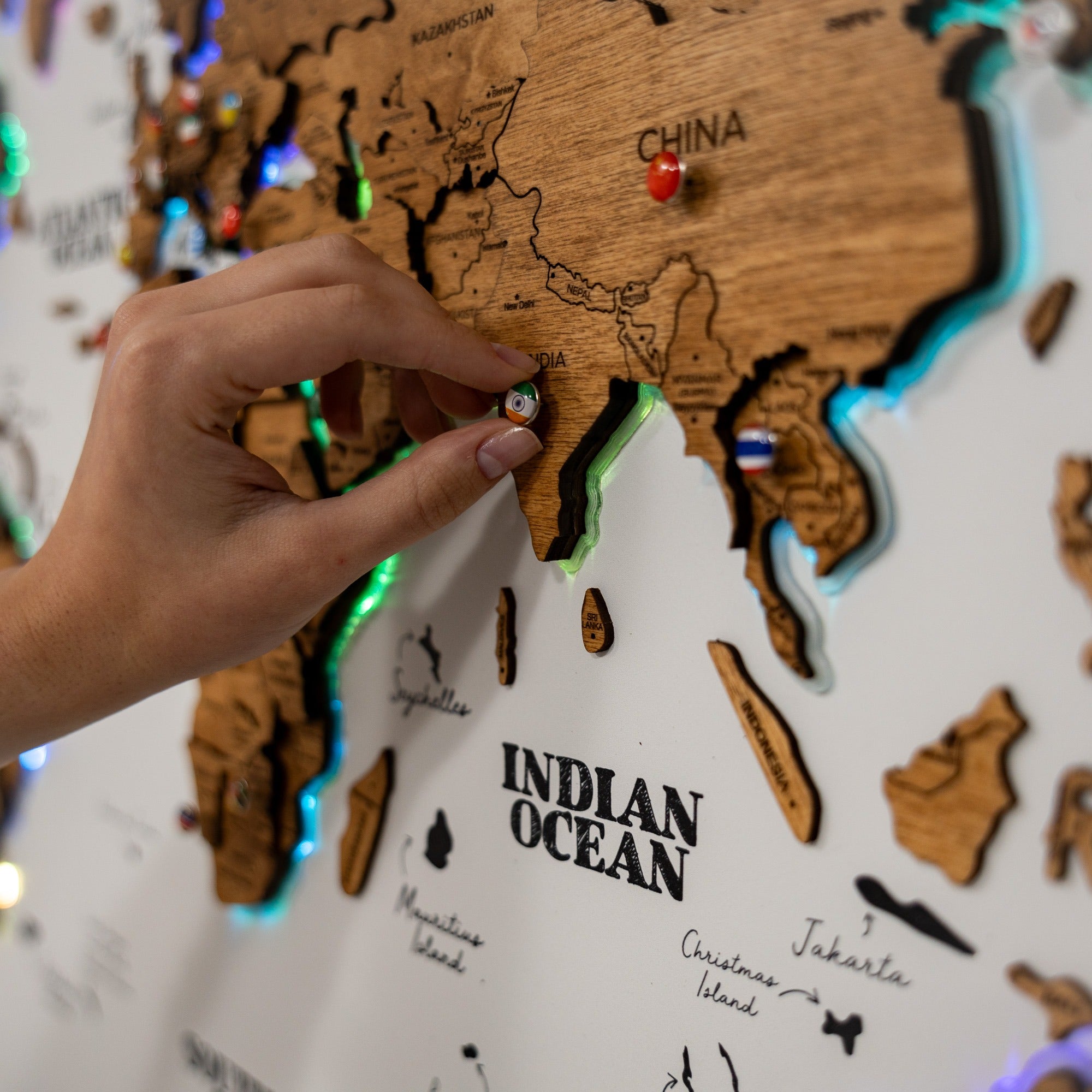Large Wooden World Map Wall Art with LED Lighting - Oak Finish