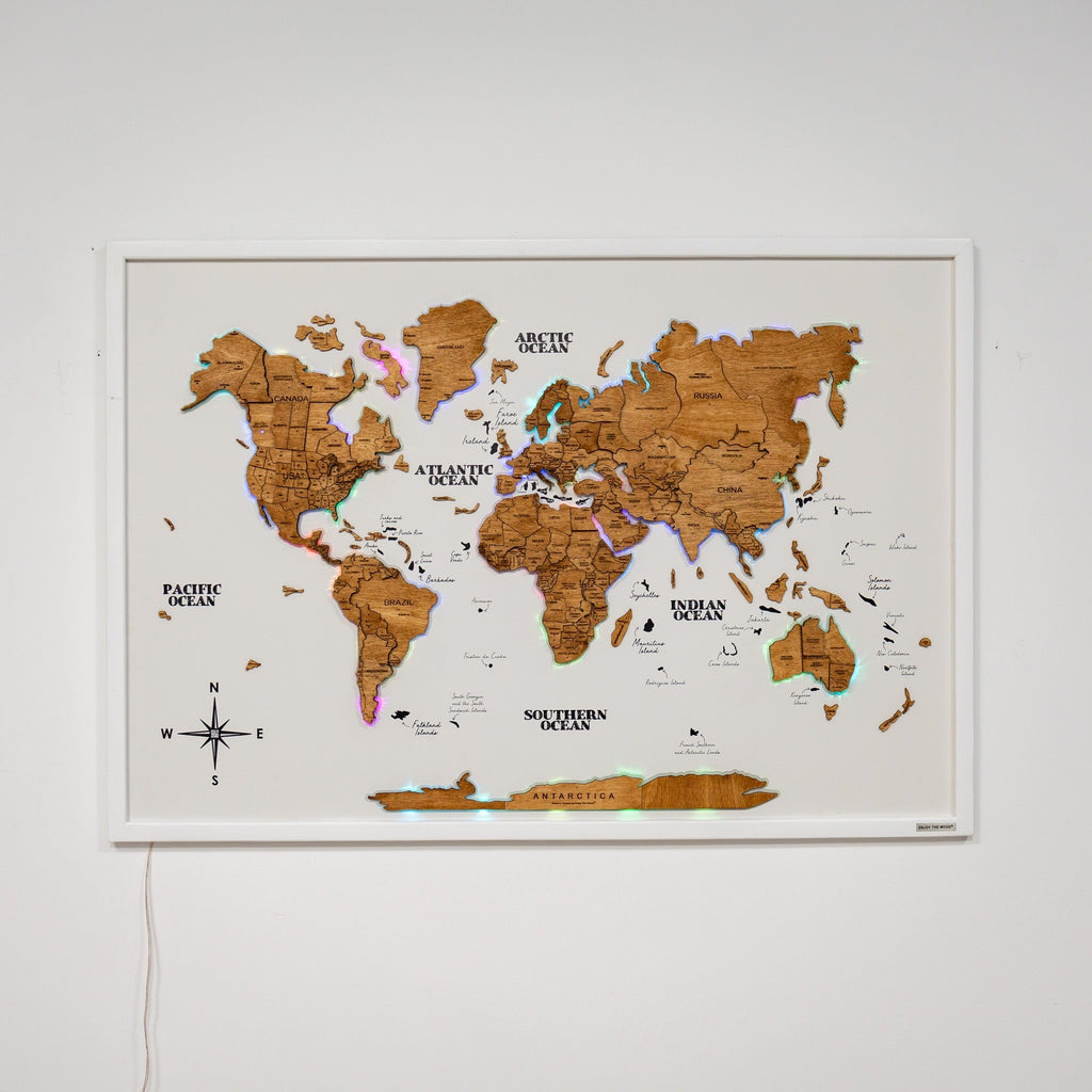 Large Wooden World Map Wall Art with LED Lighting - Oak Finish