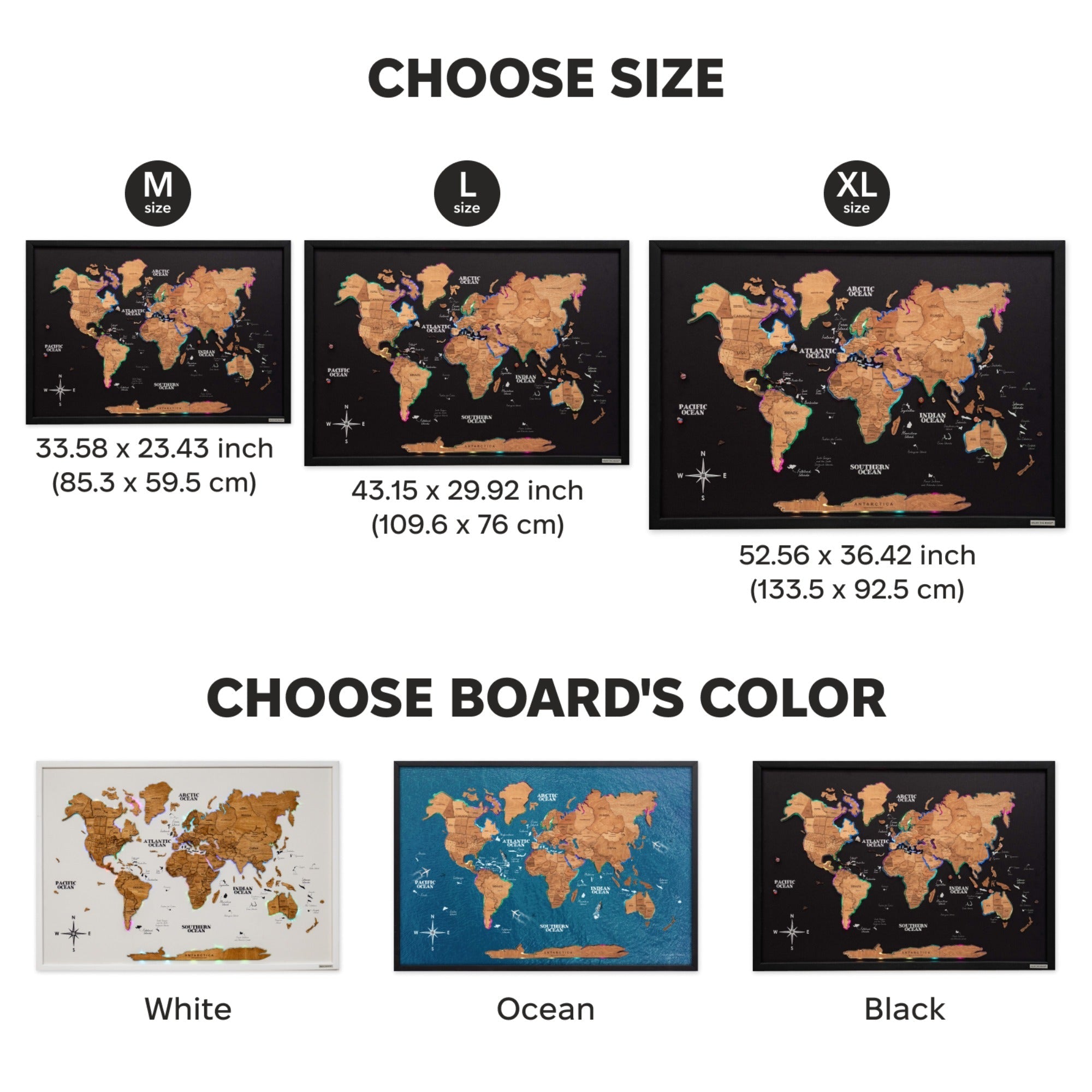 Large Wooden World Map Wall Art with LED Lighting - Oak Finish