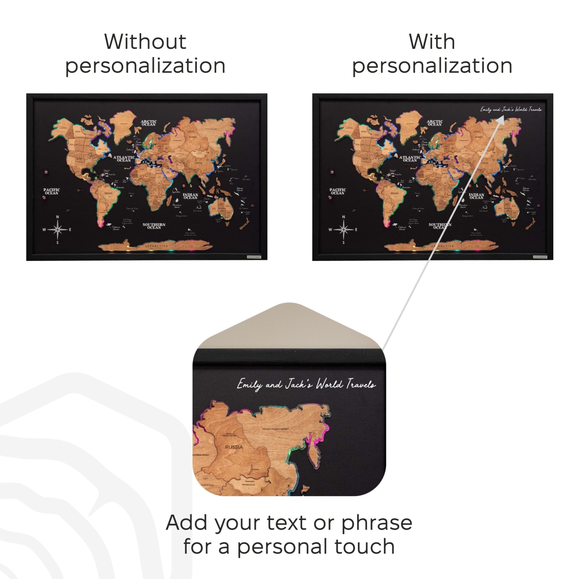 Large Wooden World Map Wall Art with LED Lighting - Oak Finish