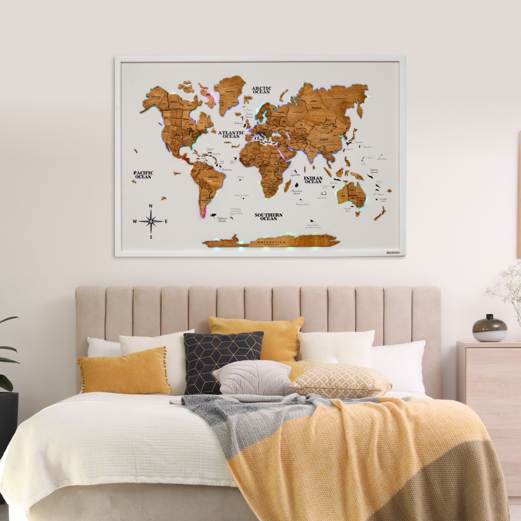 Large Wooden World Map Wall Art with LED Lighting - Oak Finish