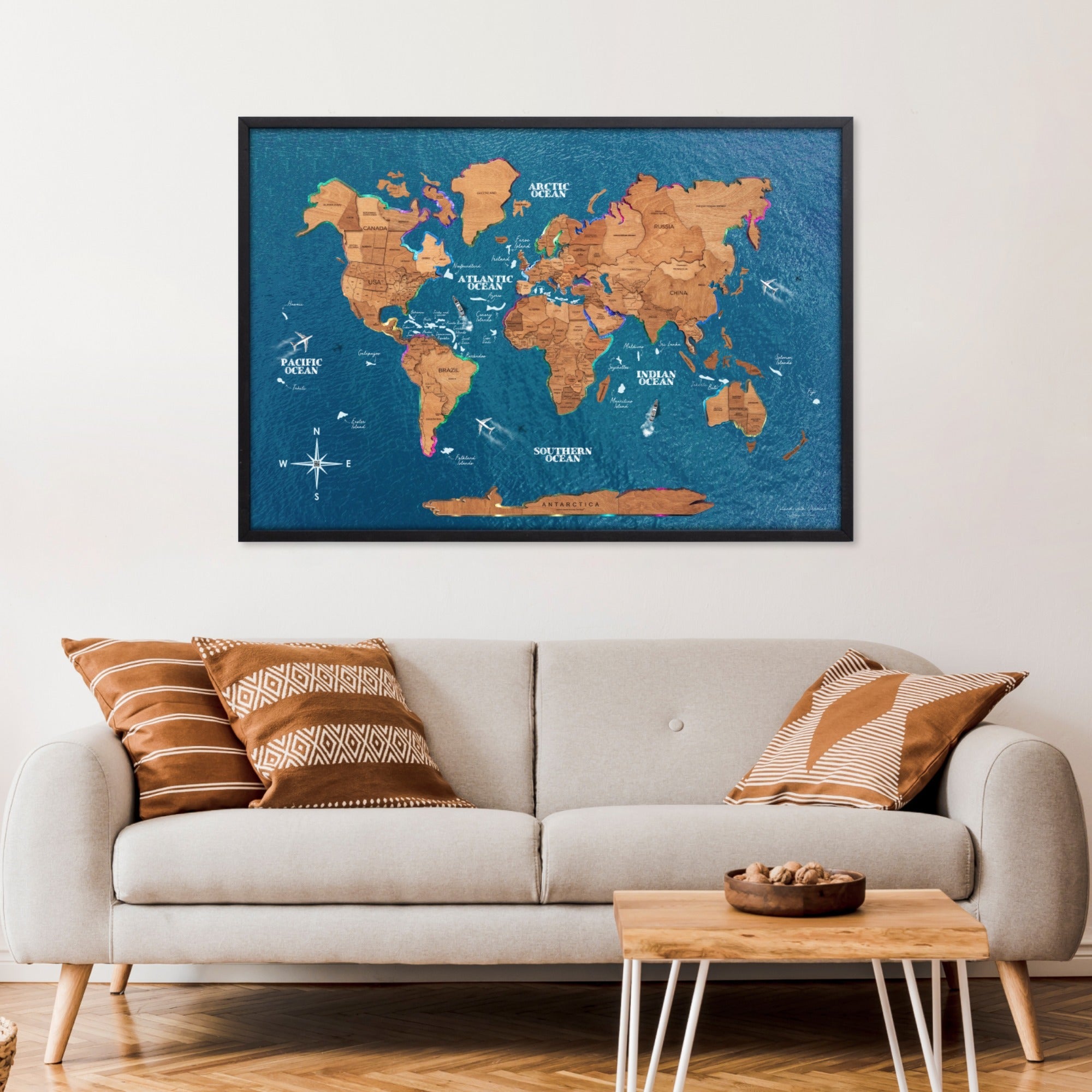 Large Wooden World Map Wall Art with LED Lighting - Oak Finish