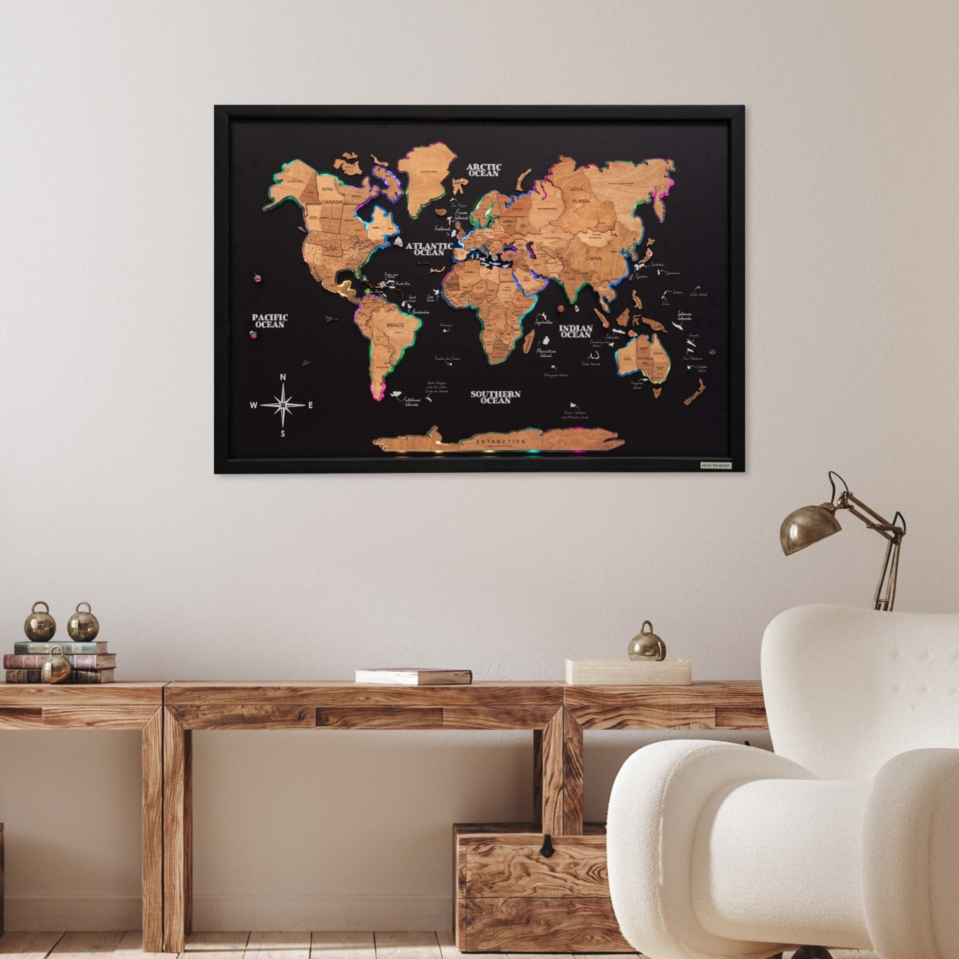 Large Wooden World Map Wall Art with LED Lighting - Oak Finish
