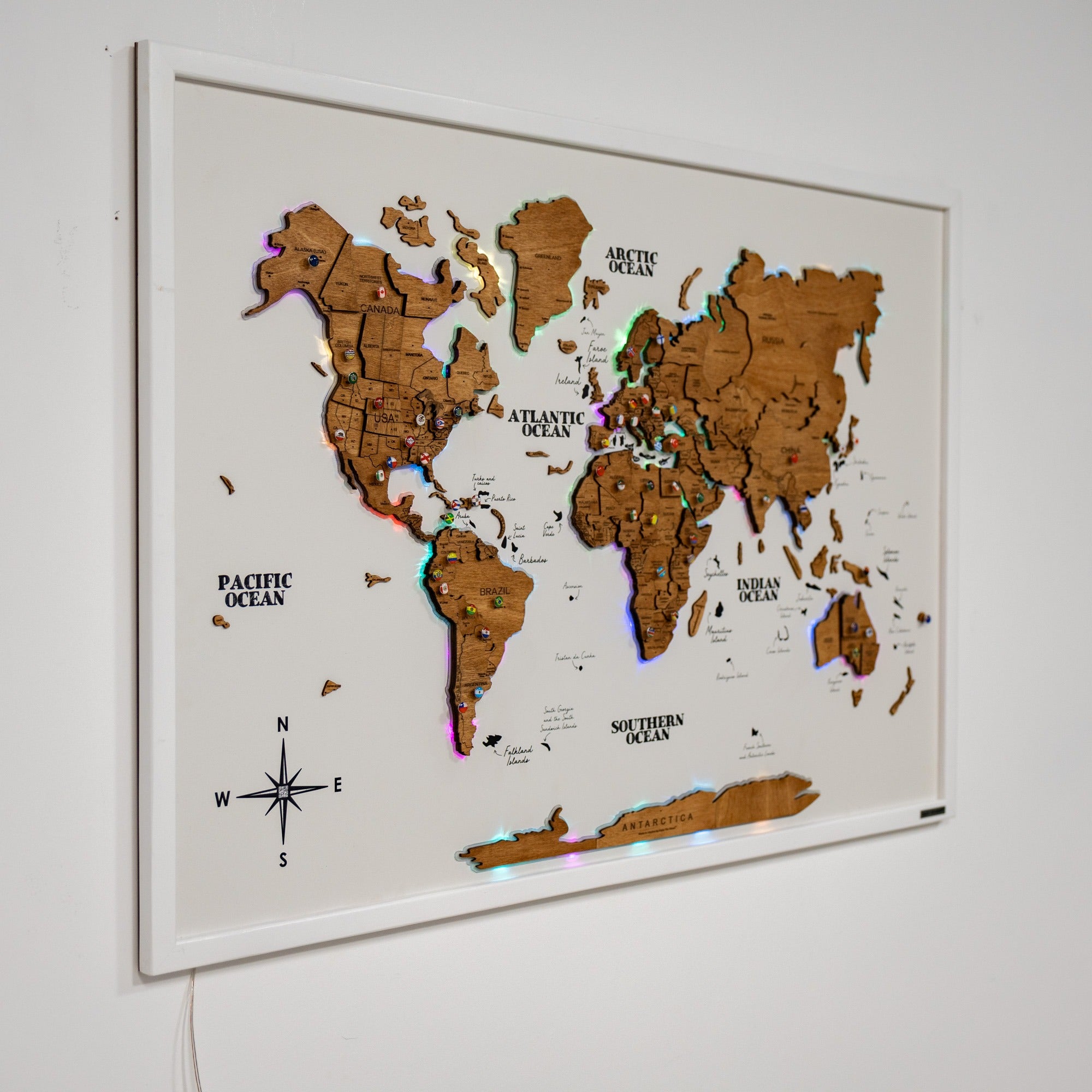 Large Wooden World Map Wall Art with LED Lighting - Oak Finish