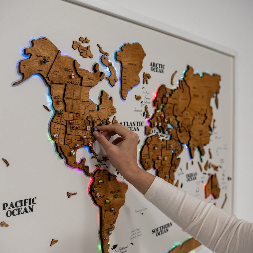 Large Wooden World Map Wall Art with LED Lighting - Oak Finish