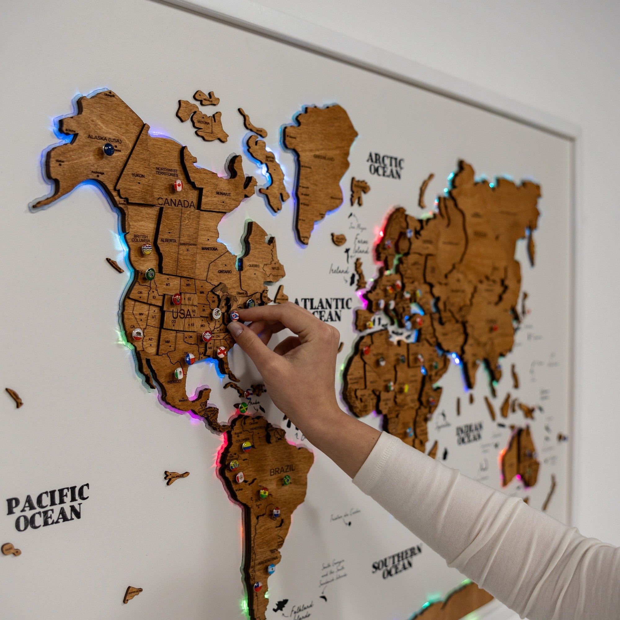 Large Wooden World Map Wall Art with LED Lighting - Oak Finish