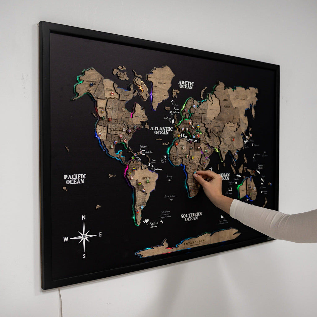 Close up of Map on Board LED 2.0 Terra wall art featuring black and brown color tones
