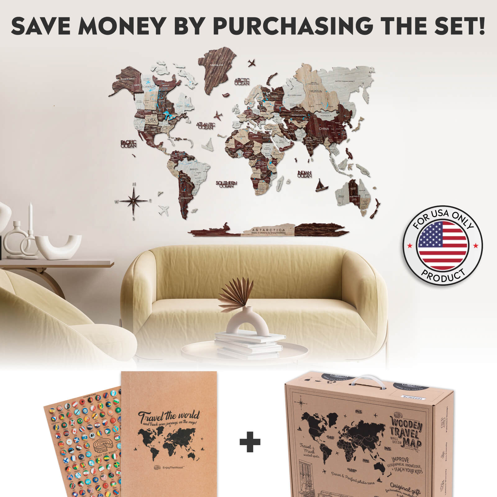 3D wooden world map wall art with colorful flag pins attached to various countries