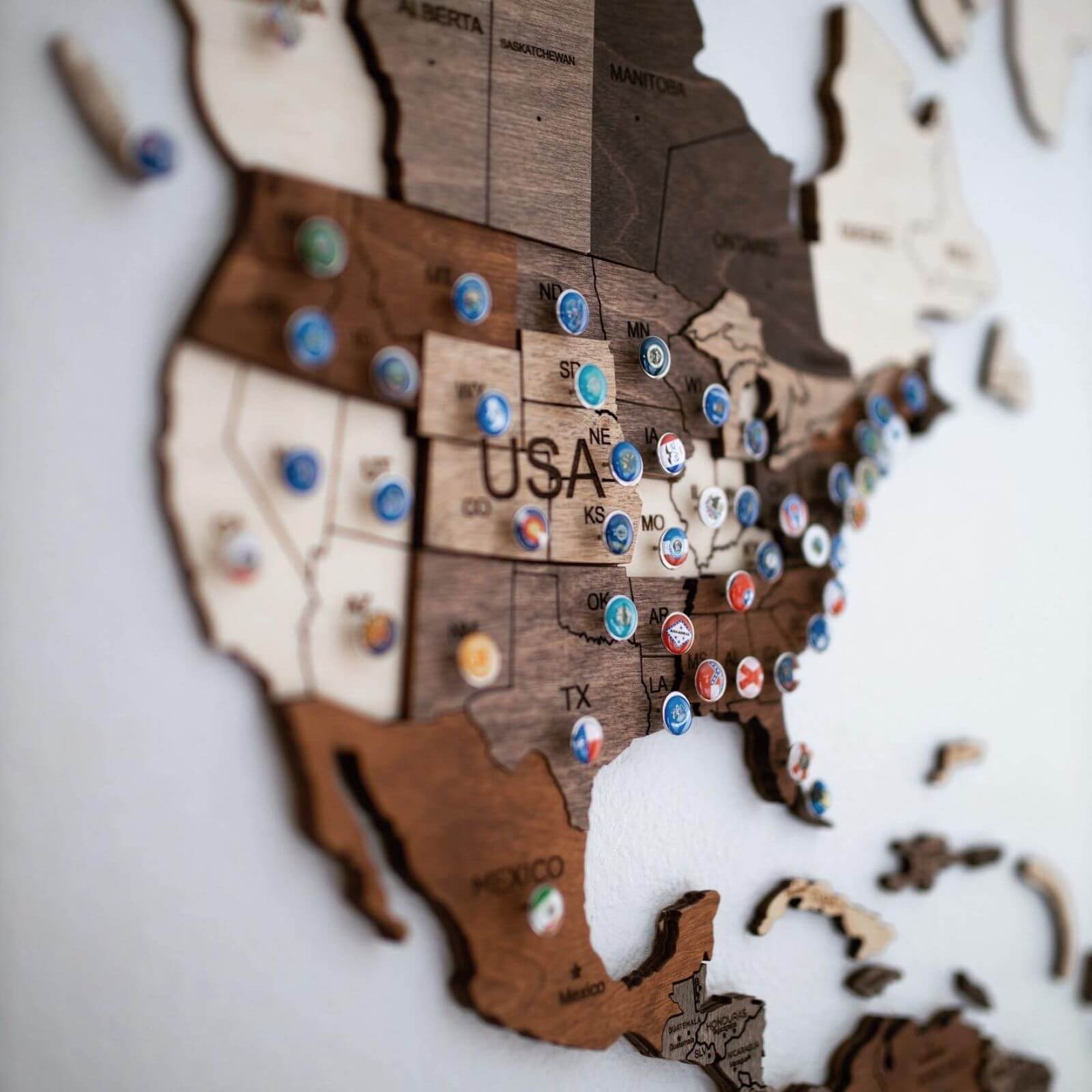3D Wooden World Map Wall Decor with Customizable Flag Push Pins