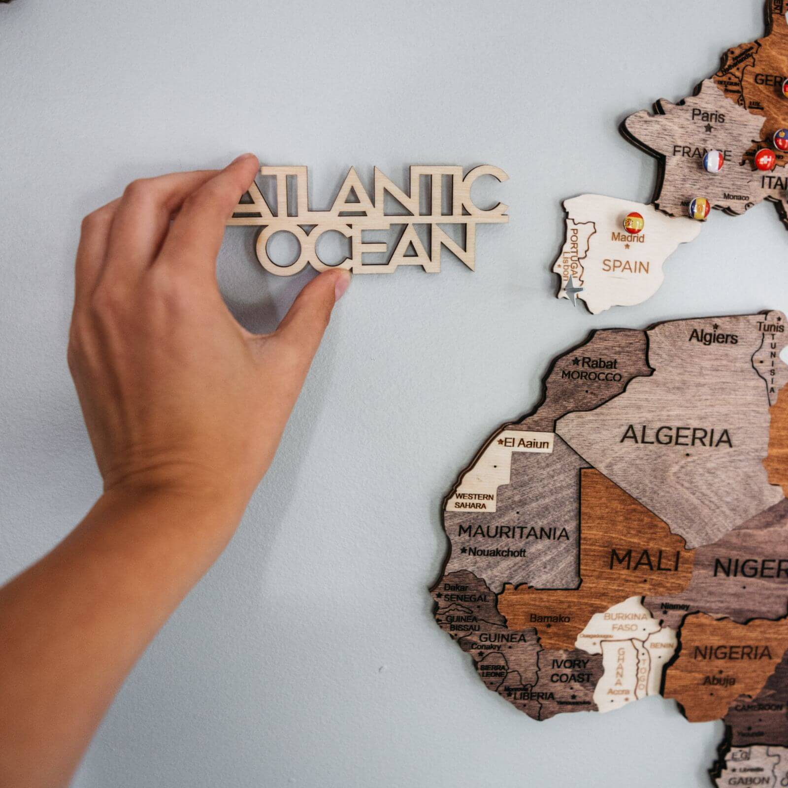 3D Wooden World Map Wall Decor with Customizable Flag Push Pins