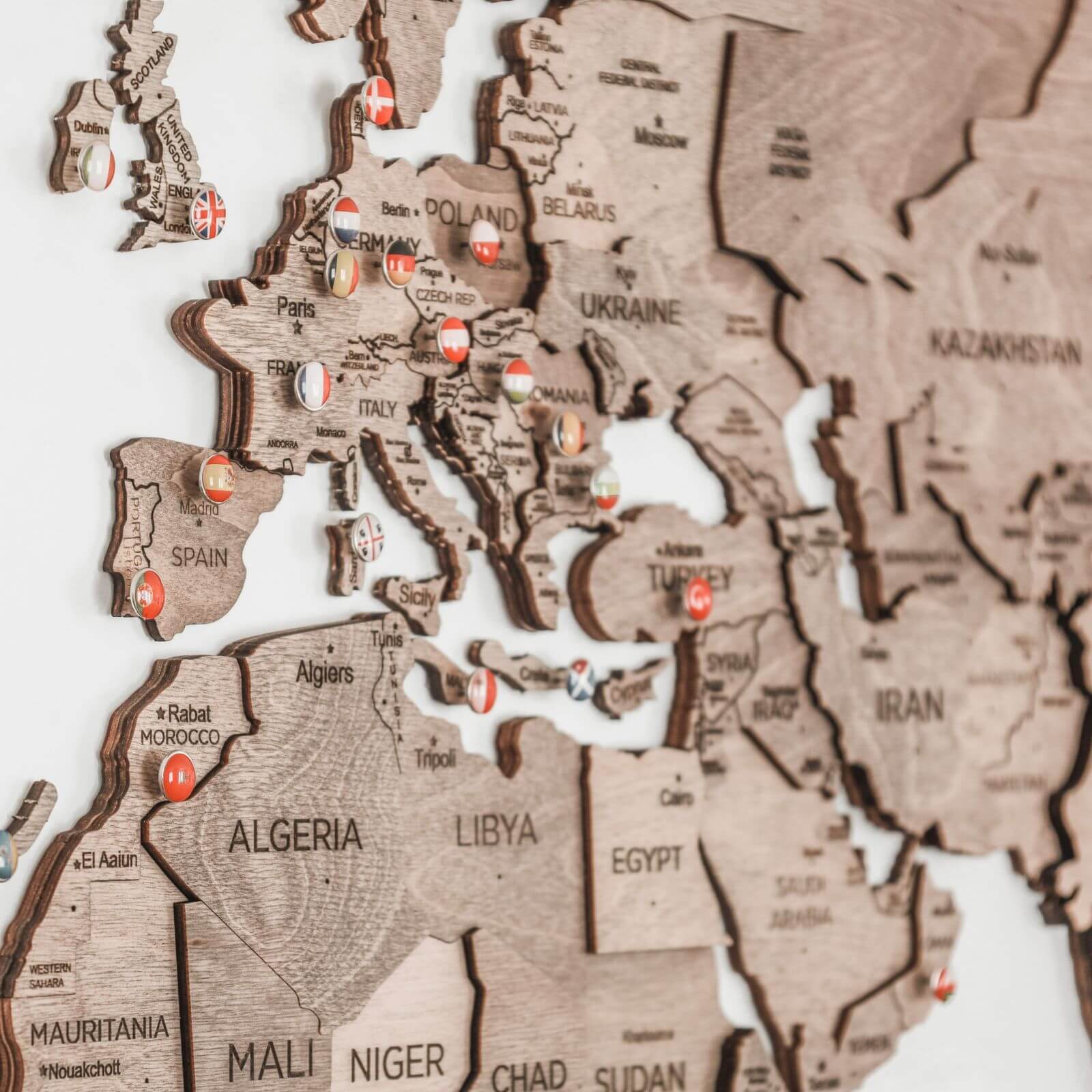3D Wooden World Map Wall Decor with Customizable Flag Push Pins