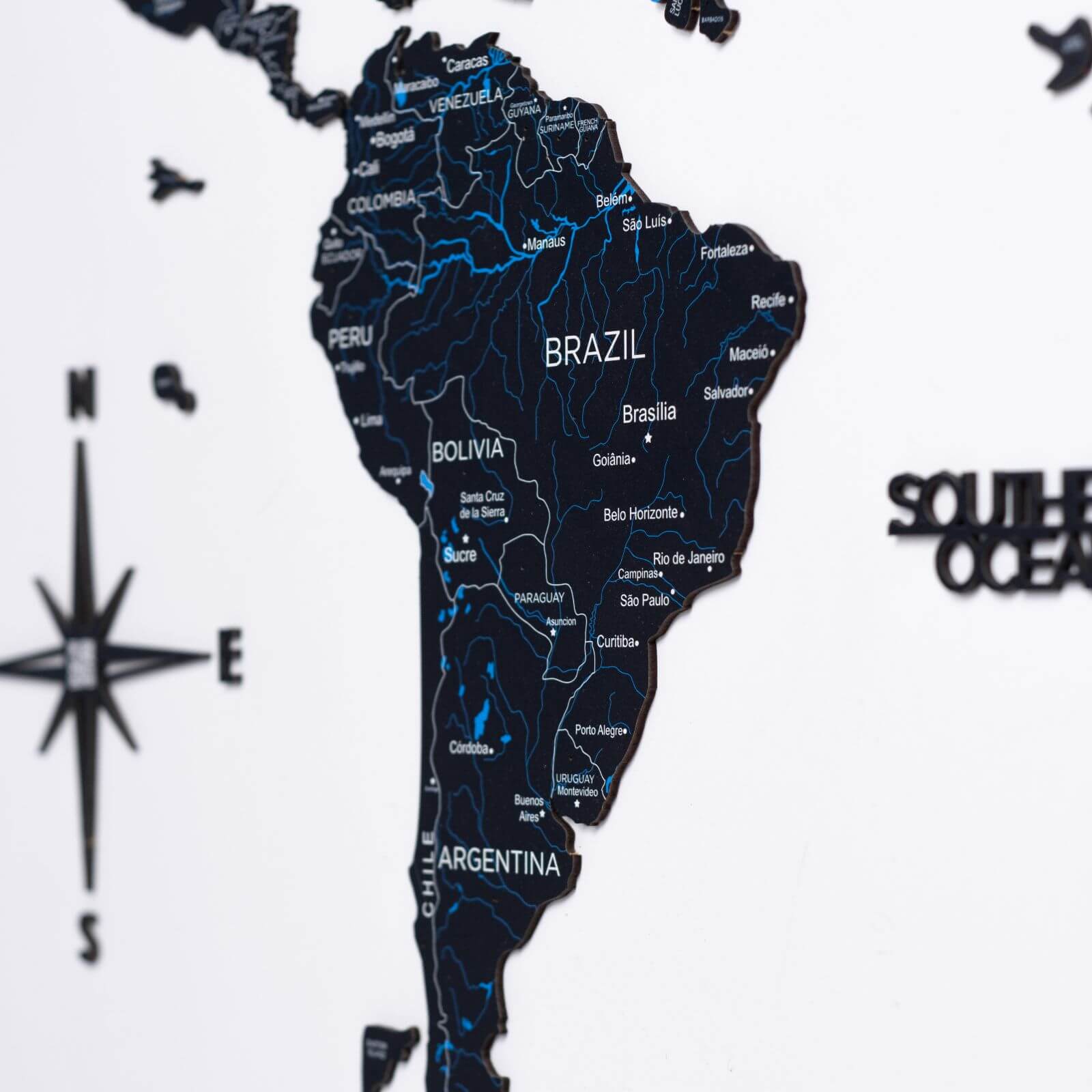 2D Wooden World Map Midnight Edition - Modern Travel Wall Art