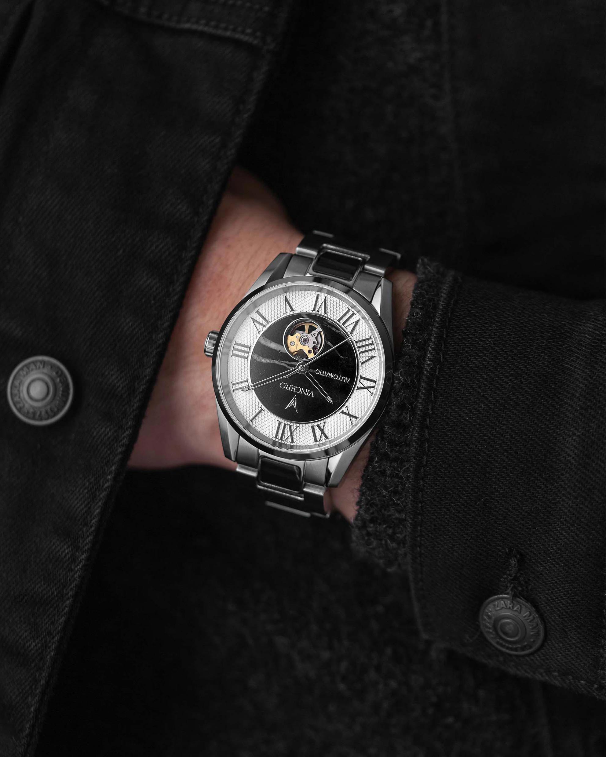 Marble Automatic Watch: Silver Nero 43mm Case